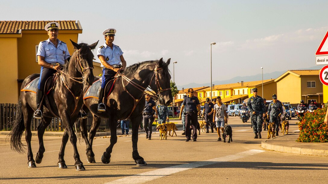Mounted Italian law enforcement personnel, followed by Navy and Italian K-9 handlers lead a parade through the Marinai government housing aboard Naval Air Station Sigonella, Italy, during the National Night Out event Aug. 5, 2014. Marines and Sailors with the second iteration of SP-MAGTF Africa 14 participated in the event with a static display of weapons, an Explosive Ordnance Disposal robot, and two vehicles organic to the Marine Corps. SP-MAGTF Africa continues to build relationships with the community while simultaneously strengthening U.S. Africa Command and U.S. Marine Corps Forces Africa’s ability to assist partner nations in addressing security challenges in the region. (U.S. Marine Corps photo by Cpl. Shawn Valosin)