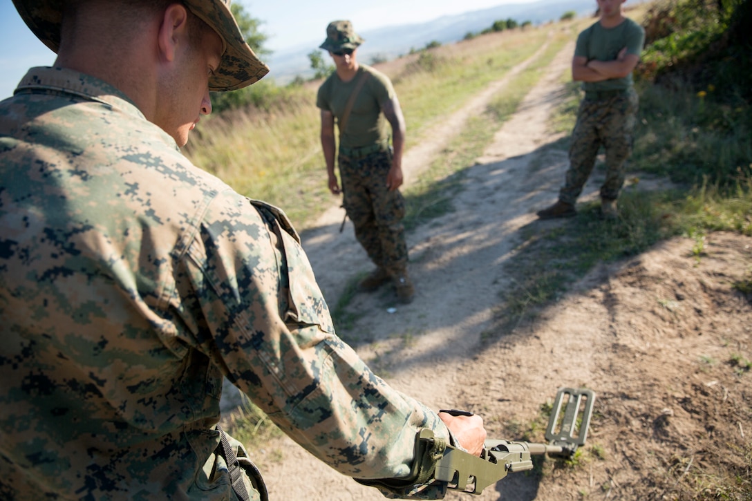 Lance Cpl. Zachary Smith, an infantryman with Black Sea Rotational Force 14.2, from 3rd Battalion, 8th Marine Regiment, uses a compact metal detector to search for improvised explosive devices during IED training as part of exercise Platinum Wolf 14 aboard Borovac Training Area, Serbia, July 9, 2014. This is the first iteration of the Platinum Wolf exercise, hosted by Serbia, with members of the Serbian, Croatian, Bulgarian, Romanian, Azerbaijani, Macedonian and United States militaries participating in the exercise. The exercise focused on non-lethal system training and peacetime operations in order to foster greater interoperability with each other while promoting peace and prosperity in the Black Sea, Balkan and Caucasus regions of Eastern Europe. (Official Marine Corps photo by Lance Cpl. Scott W. Whiting, BSRF PAO/ Released)