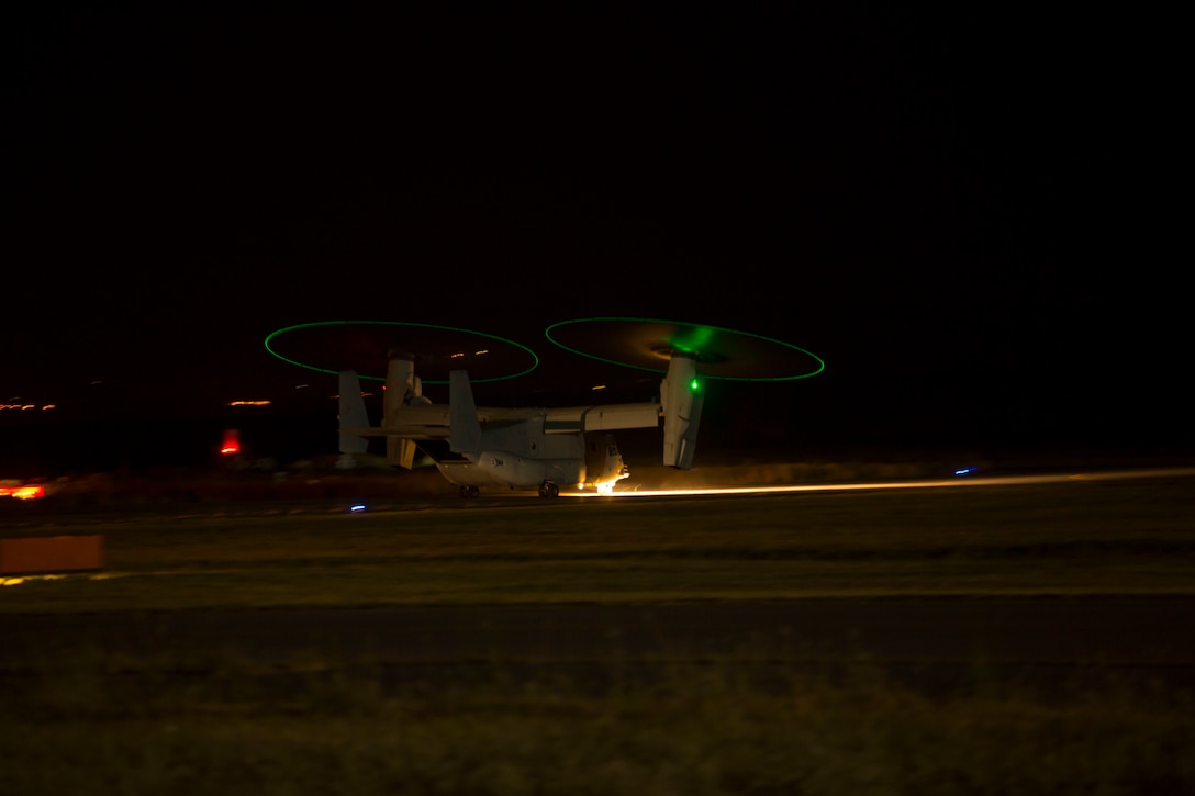MV-22B Osprey aircraft from Special-Purpose Marine Air-Ground Task Force
Crisis Response prepare to leave Naval Air Station Sigonella, Italy, to escort
approximately 150 personnel from the U.S. Embassy in Tripoli, Libya, on the
morning of July 26, 2014. The Department of State, in coordination with the
U.S. Ambassador for Libya, requested Department of Defense support for a
military-assisted departure of embassy personnel. SP-MAGTF Crisis Response is
a self-deploying, self-sustaining task force with the capacity to provide a
rapid-response capability to U.S. Africa Command. (Official Marine Corps photograph by Cpl. Shawn Valosin)