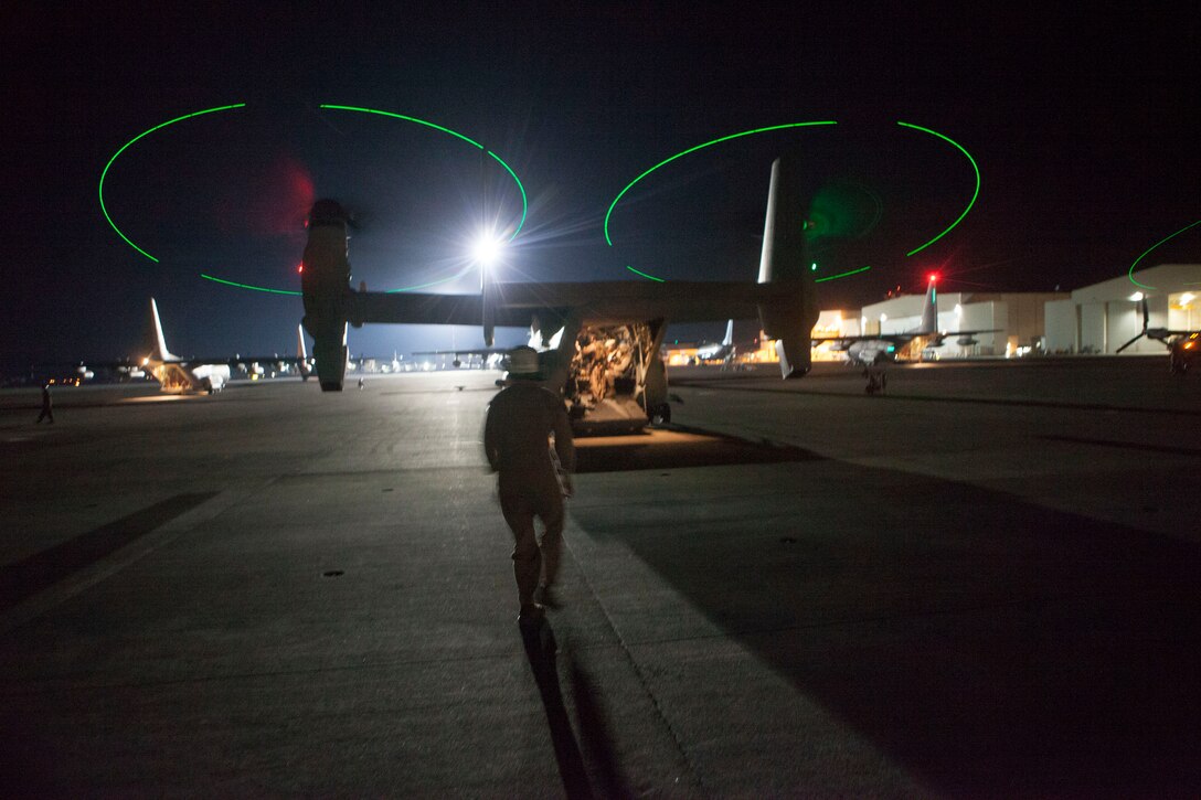 MV-22B Osprey aircraft from Special-Purpose Marine Air-Ground Task Force
Crisis Response prepare to leave Naval Air Station Sigonella, Italy, to escort
approximately 150 personnel from the U.S. Embassy in Tripoli, Libya, on the
morning of July 26, 2014. The Department of State, in coordination with the
U.S. Ambassador for Libya, requested Department of Defense support for a
military-assisted departure of embassy personnel. SP-MAGTF Crisis Response is
a self-deploying, self-sustaining task force with the capacity to provide a
rapid-response capability to U.S. Africa Command.