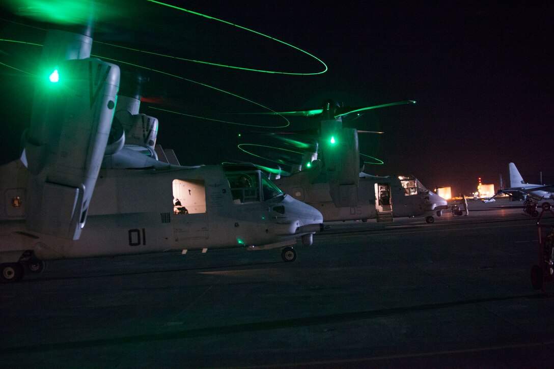 MV-22B tiltrotor Ospreys with Special-Purpose Marine Air-Ground Task Force Crisis Response prepare to take off in support of a military assisted departure from the U.S. Embassy in Tripoli, Libya, July 26, 2014. The Department of State, in coordination with the U.S. Ambassador for Libya, requested Department of Defense support for a military-assisted departure of embassy personnel. SP-MAGTF Crisis Response is a self-deploying, self-sustaining task force with the capacity to provide a rapid-response capability to U.S. Africa Command. (U.S. Marine Corps photo by 1st Lt. Maida Kalic)