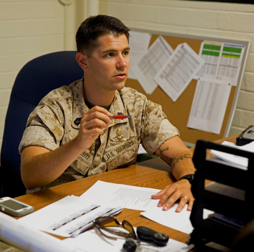 Gunnery Sgt. “AJ” Pasciuti, the staff noncommissioned officer-in-charge of the Reconnaissance Team Leader’s Course out of Marine Corps Base Camp Pendleton, Calif., speaks with his Marines for the upcoming mission. For 27 days, Marine Corps Air Station Yuma, Ariz., was a temporary home for the reconnaissance Marines executing the team leader’s course.  These Marines, with the Advanced Infantry Training Battalion based out of  MCB Camp Pendleton, Calif., are on station to conduct phase two of three of their rigorous training, which is critical to their mission readiness.