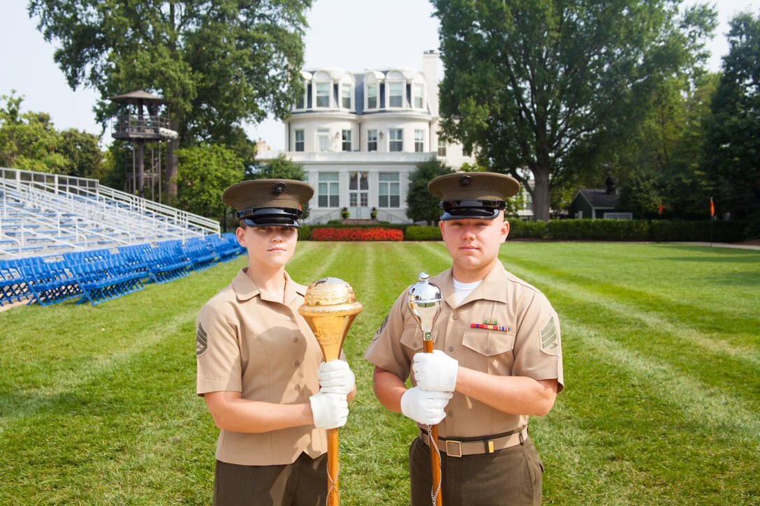 Washington, D.C.-
The Drum Major is a respected and coveted position within the United States Marine Drum & Bugle Corps. Master Gunnery Sgt. Kevin Buckles is the current Drum Major and Senior Enlisted Advisor of the unit. Each year one NCO and one SNCO are chosen through an arduous audition to fill the role of the Drum Major and represent the D&B during the NCO Tuesday Sunset Parade and the SNCO Friday Evening Parade. 

Staff Sgt. Codie Williams of Richardson, Texas will represent the D&B as the Staff NCO Drum Major during the SNCO Friday Evening Parade while the representative for the 2014 NCO Sunset Parade is Sgt. Matthew Moyer of Lansdale, Pennsylvania. Every key billet during the parades will be filled by NCOs from Marine Barracks Washington, D.C. Positions traditionally held by senior Staff NCO's and Officers. 

(Photo By: Staff Sgt. Joshua D. Miles/Released)

