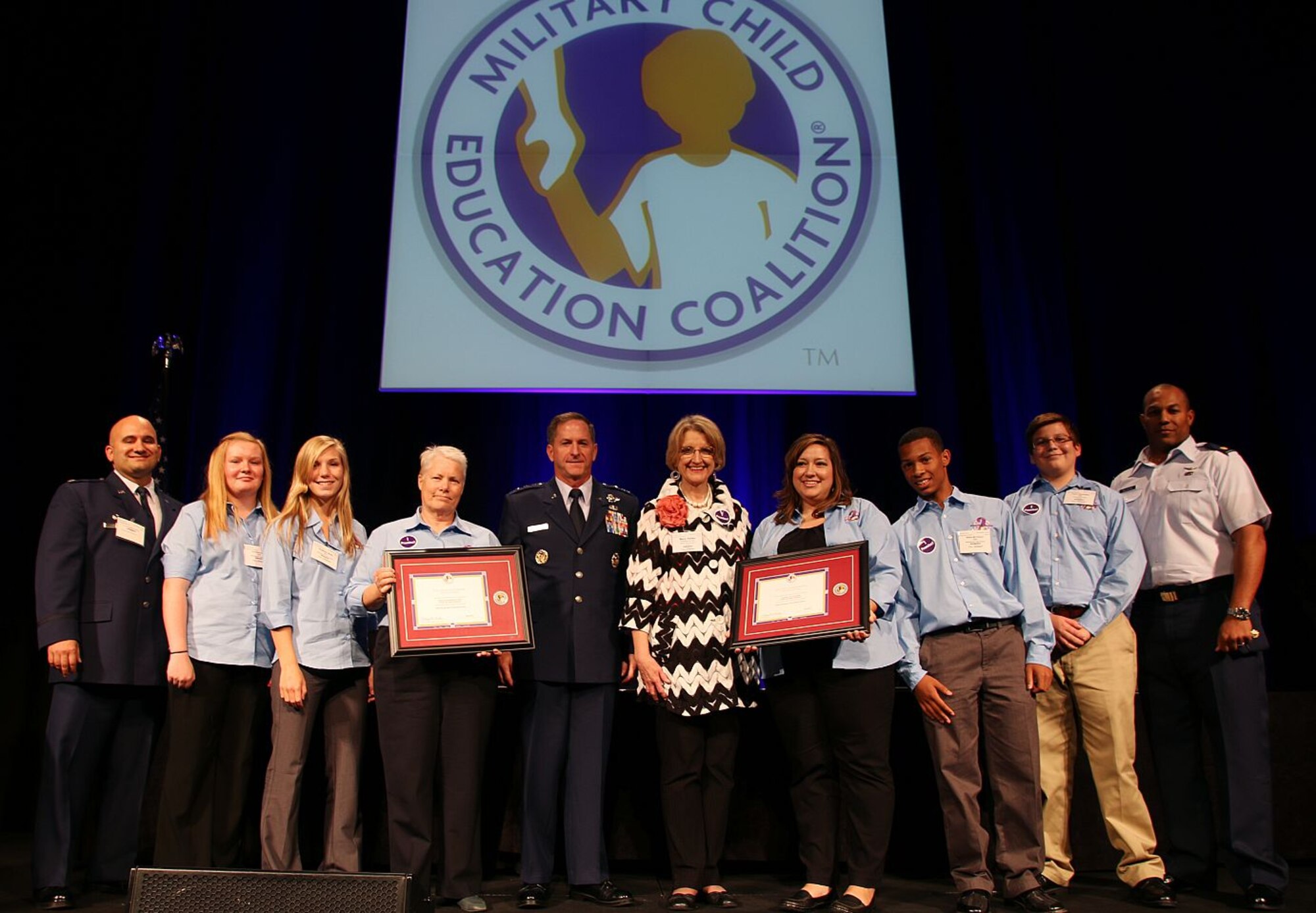 Members of the Alamogordo Student 2 Student program pose with Lt. Gen. David L. Goldfein, Joint Staff, at the Pentagon, and Lt. Col. Matthew Sandelier, 49th Force Support Squadron commander after being awarded the “Pete” Taylor Partnership of Excellence Award. The Student 2 Student program is beneficial to the children of military members and helps ease social or educational stresses that may be present during moves to new bases, deployments or other common issues that may be present in their lives. (Courtesy photo)