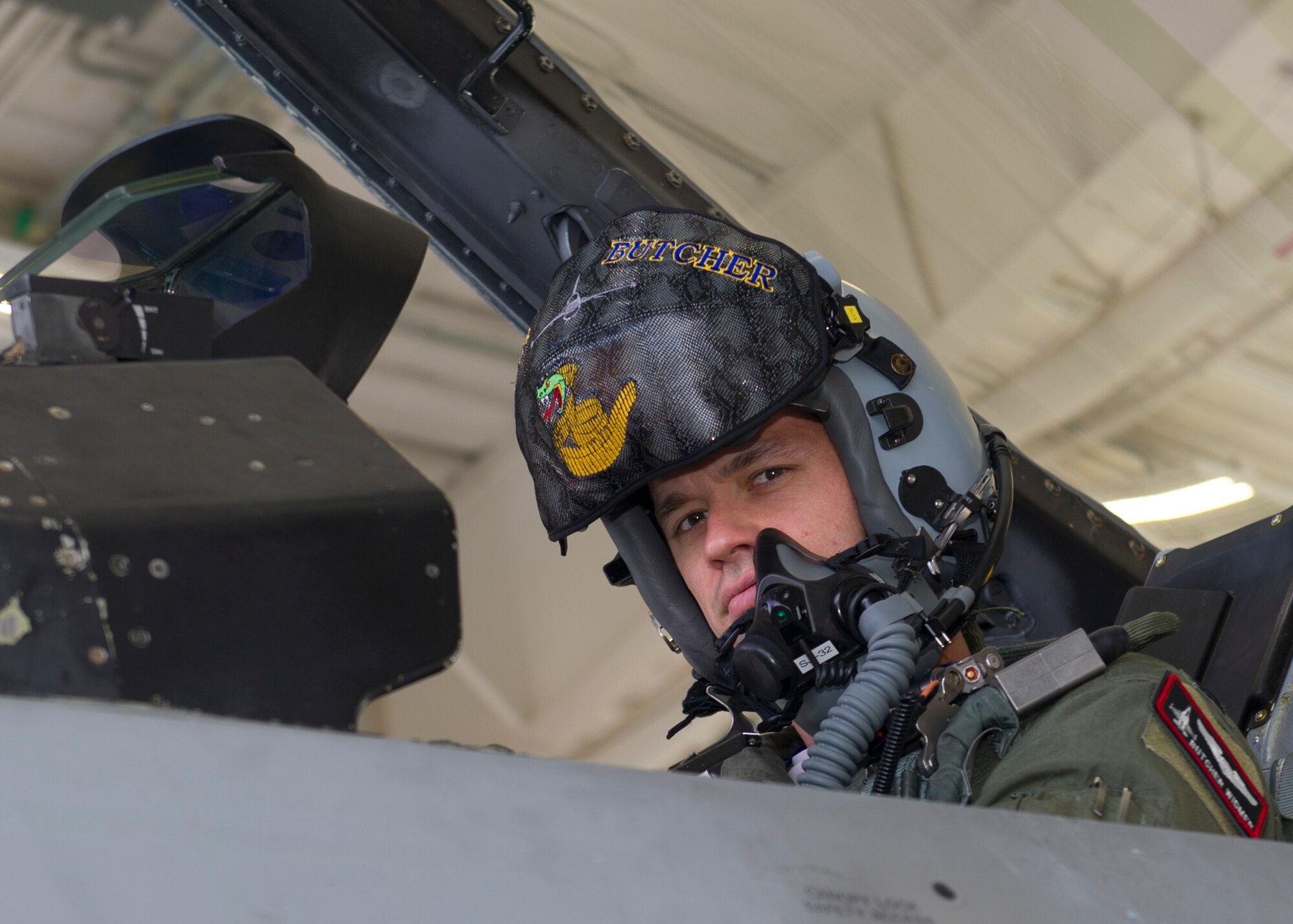 Captain John Widmer, a pilot with the 54th fighter group, prepares for a training sortie over the White Sands Missile Range's 10,000 square mile range at Holloman Air force Base, N.M., Aug. 5. The 54th FG is a detachment of Luke AFB, Ariz., and is stationed on Holloman to facilitate high-speed training, live fire weapons training, and night flying operations. (U.S. Air Force photo by Airman 1st Class Leah Ferrante/Released)