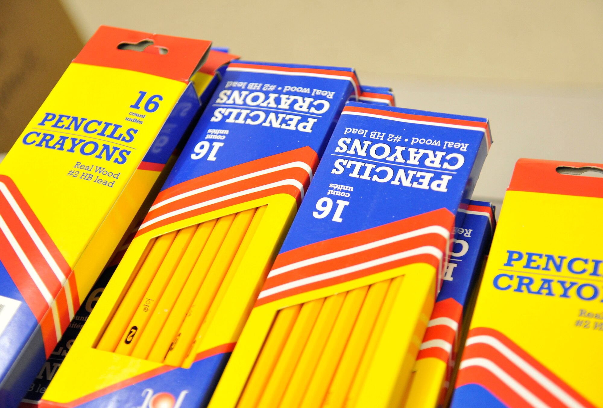 Basic #2 pencils are set on display for military families to pick up during the Back-to-School Brigade in the Michael Anderson Elementary School gymnasium at Fairchild Air Force Base, Washington, Aug. 7, 2014. The Back-to-School Brigade is hosted by Operation Homefront and is just one way they provide assistance to military families and wounded warriors. (U.S. Air Force photo by Senior Airman Ryan Zeski/Released)