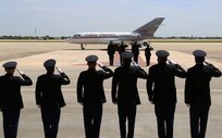Members of the Joint Base San Antonio-Fort Sam Houston honor guard and attending general officers render a salute for the remains of United States Army Spc. Donnell A. Hamilton, Jr., July 30 at JBSA-Randolph. Hamilton was assigned to the 1st Battalion, 5th Cavalry Regiment, 2nd Brigade Combat Team, 1st Cavalry Division at Fort Hood, Texas. He died from an illness acquired while serving in Ghanzi Province, Afghanistan.  (U.S. Air Force photo by Airman 1st Class Alexandria Slade) 