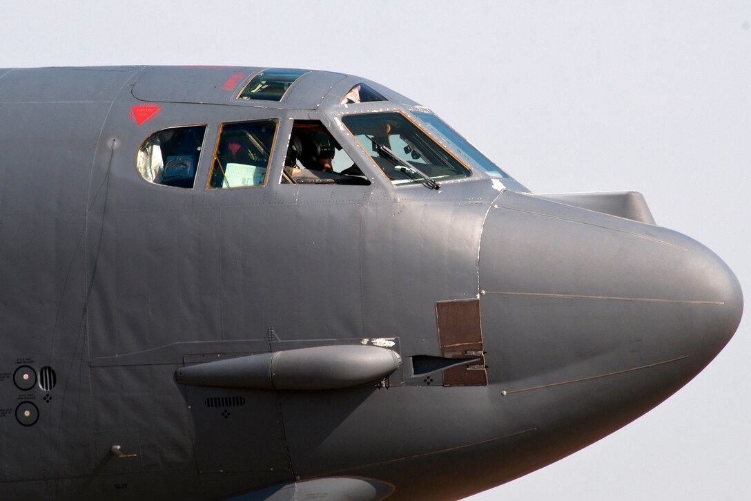 A 93rd Bomb Squadron B-52H Stratofortress taxis prior to takeoff on Aug. 3, 2014, Barksdale Air Force Base, La. The B-52 is a long-range, heavy bomber that is capable of flying at high subsonic speeds at altitudes up to 50,000 feet and can carry nuclear or precision guided weapons. (U.S. Air Force photo by Tech. Sgt. Ted Daigle/Released)