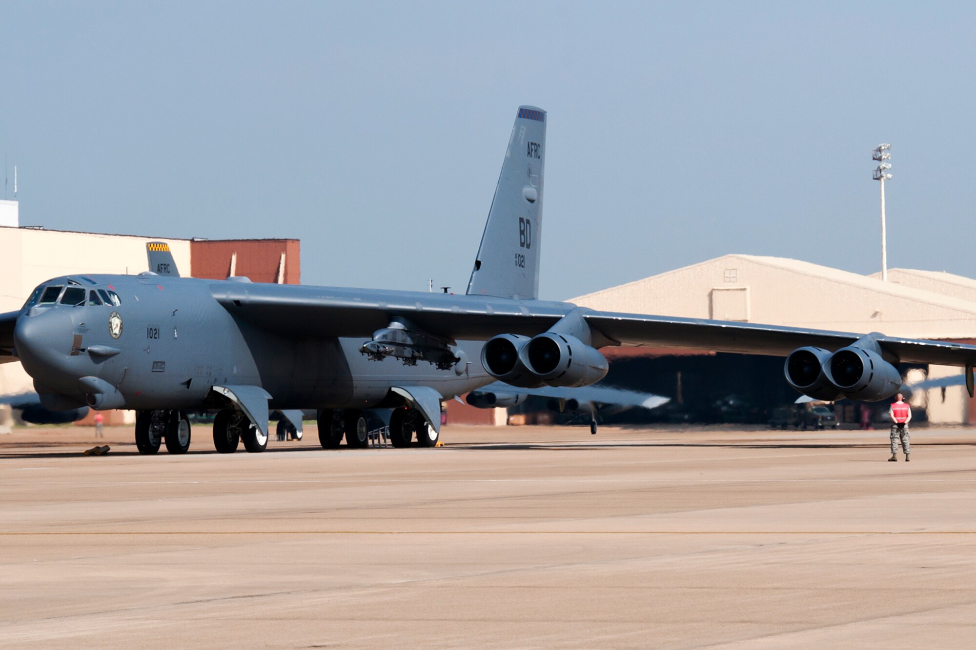A 93rd Bomb Squadron (BS) B-52H Stratofortress prepares to taxi before taking off on a training mission, Aug. 3, 2014, Barksdale Air Force Base, La. The 93rd BS is a Formal Training Unit that trains all Active Duty and Reserve aircrew to fly the B-52. (U.S. Air Force photo by Tech. Sgt. Ted Daigle/Released)