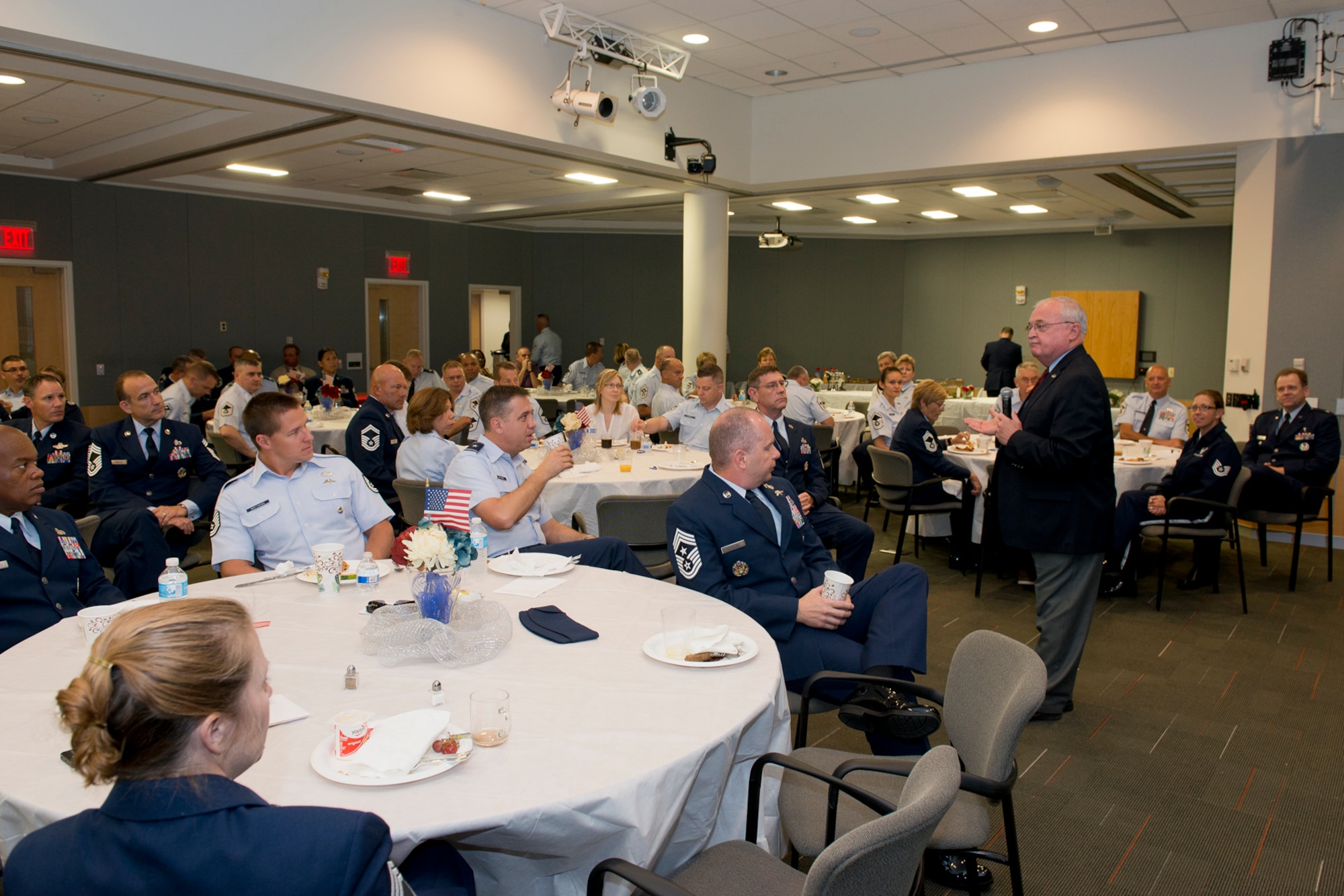 Chief Master Sgt. (ret) Richard A. Smith, the 9th command chief master sergeant of the Air National Guard, addresses attendees during the Focus on the Force breakfast August 6, 2014. Focus on the Force gathers senior enlisted leaders to openly discuss concerns, receive feedback from the junior enlisted and tell the exceptional stories of ANG Airmen throughout the 54 states, territories and the District of Columbia. Focus on the Force also recognizes the ANG Outstanding Airmen of the Year. (Air National Guard photo by Master. Sgt. Marvin R. Preston/Released)
