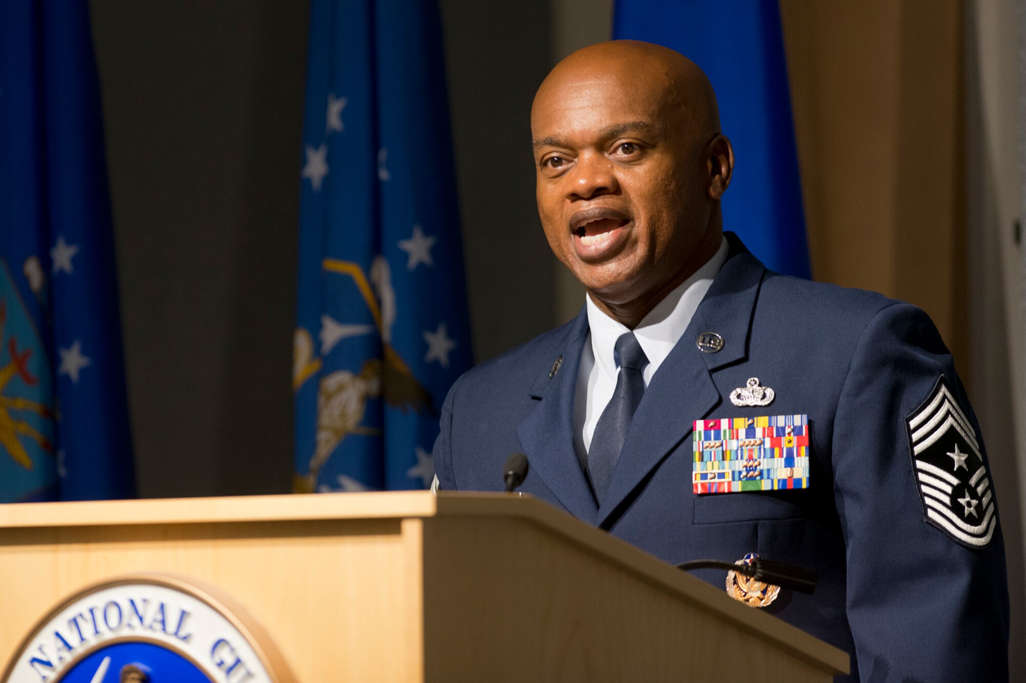 Chief Master Sgt. Tony L. Whitehead, command chief master sergeant of the Air National Guard Readiness Center, delivers remarks during the Focus on the Force breakfast August 6, 2014. Focus on the Force gathers senior enlisted leaders to openly discuss concerns, receive feedback from the junior enlisted and tell the exceptional stories of ANG Airmen throughout the 54 states, territories and the District of Columbia. Focus on the Force also recognizes the ANG Outstanding Airmen of the Year. (Air National Guard photo by Master. Sgt. Marvin R. Preston/Released)