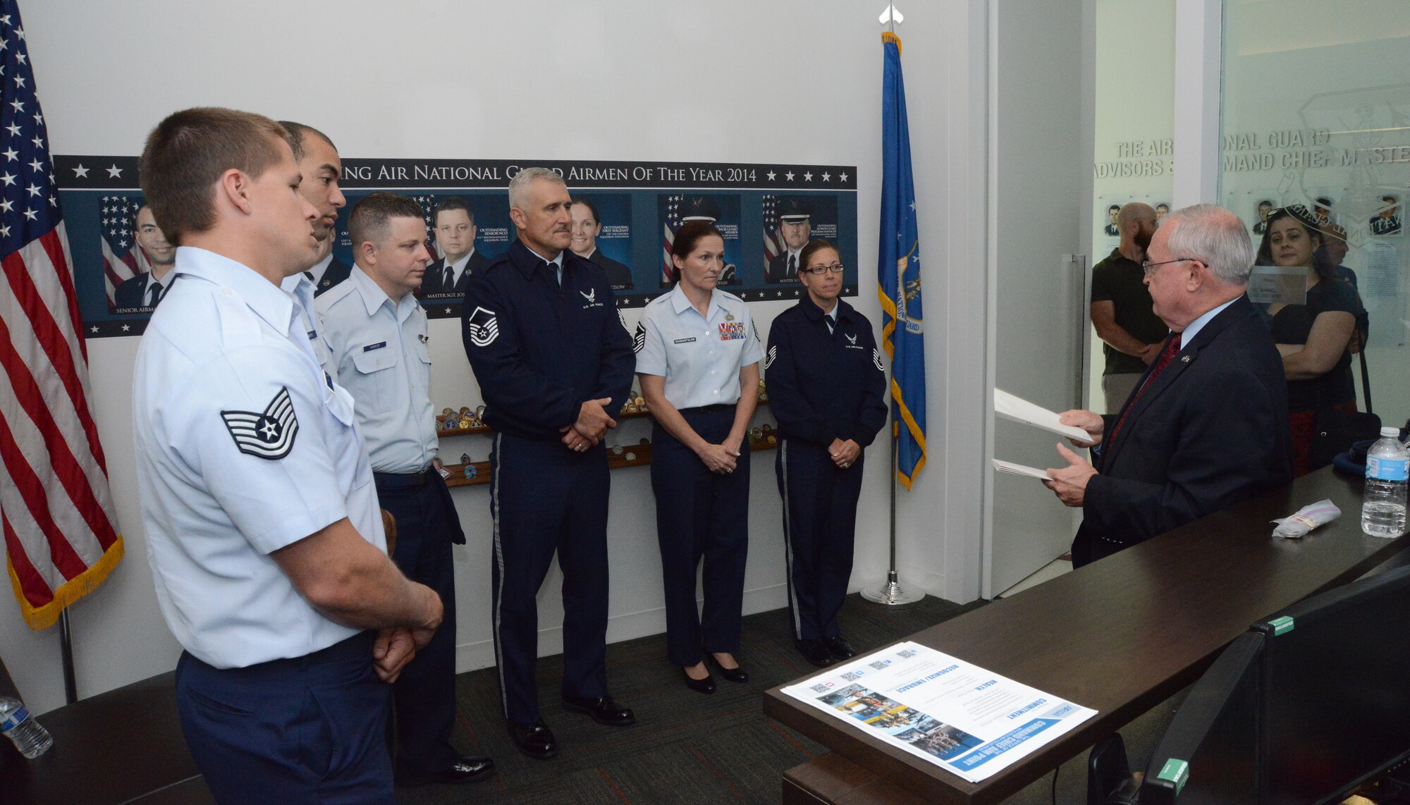 The Air National Guard's Outstanding Airmen of the Year meet with Chief Master Sgt. (ret.) Richard A. Smith, former command chief master sergeant of the ANG at the Air National Guard Readiness Center on Joint Base Andrews, Md., during Focus on the Force Week, Aug. 6, 2014. Focus on the Force Week is a series of events designed to bring the perspective of the enlisted Air Guardsman to ANG leadership, and discuss challenges faced by Airmen across the ANG. (U.S. Air National Guard photo by Senior Airman John E. Hillier/Released)