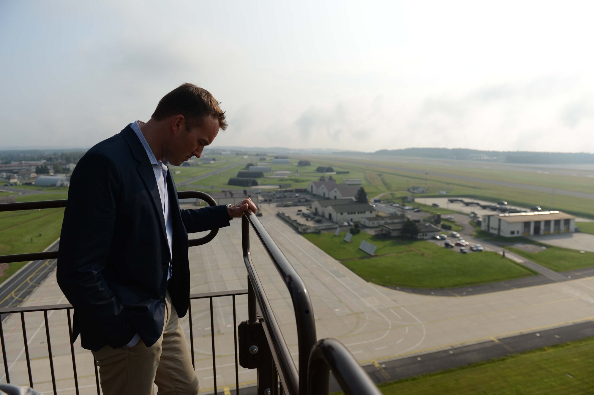 Under Secretary of the Air Force Eric Fanning visits the Spangdahlem air traffic control tower during a base familiarization tour of Spangdahlem Air Base, Germany, Aug. 5, 2014. During the visit, Fanning observed the capabilities the 52nd Fighter Wing provides to the European theater of operations. (U.S. Air Force photo by Senior Airman Gustavo Castillo/Released) 