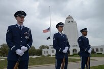 Left to right: Joint Base San Antonio Base Honor Guard members Airman 1st Class Martijn Van Berk, Senior Airmen Lincoln Korver and Antonio Montalvo prepare to fire three volleys during the 41st Freedom Flyer Reunion wreath-laying ceremony March 28 at JBSA-Randolph. (U.S. Air Force photo by Joel Martinez)
