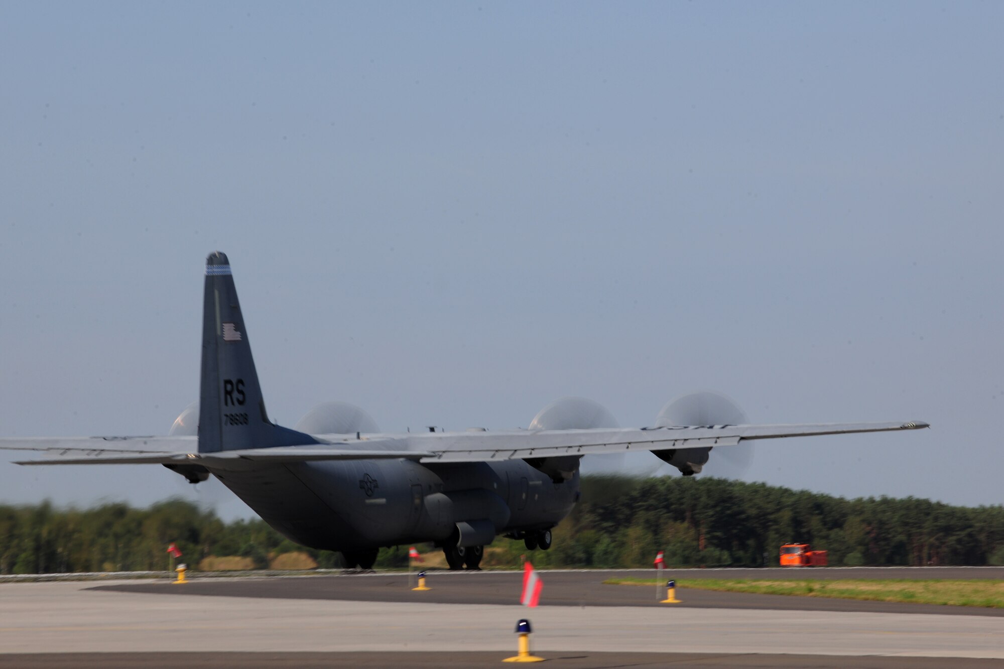 A C-130J Super Hercules takes off from Powidz Air Base, Poland, during a flying training deployment, Aug. 7, 2014. This deployment focused on enhancing partnership capabilities between the U.S. military and its NATO allies throughout the region. (U.S. Air Force photo by Staff Sgt. Jarad A. Denton/Released)