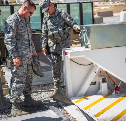 U.S. Air Force Master Sgt. Troy Hoffman, 386th Air Expeditionary Wing ground safety manager, tests the effectiveness of steel toe boots on a pop up barrier August 5, 2014 at an undisclosed location in Southwest Asia. These tests are conducted to ensure Airmen are kept safe in their working environments. Hoffman is deployed from the 86th Airlift Wing, Ramstein Air Base, Germany. (U.S. Air Force photo by Staff Sgt. Jeremy Bowcock)