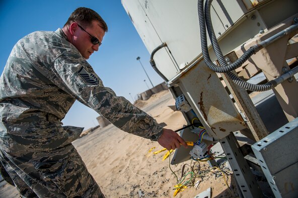 U.S. Air Force Master Sgt. Troy Hoffman, 386th Air Expeditionary Wing ground safety manager, tests exposed wiring to determine if it is a safety hazard July 31, 2014 at an undisclosed location in Southwest Asia. These tests are conducted to ensure Airmen are kept safe in their working environments. Hoffman is deployed from the 86th Airlift Wing, Ramstein Air Base, Germany. (U.S. Air Force photo by Staff Sgt. Jeremy Bowcock)