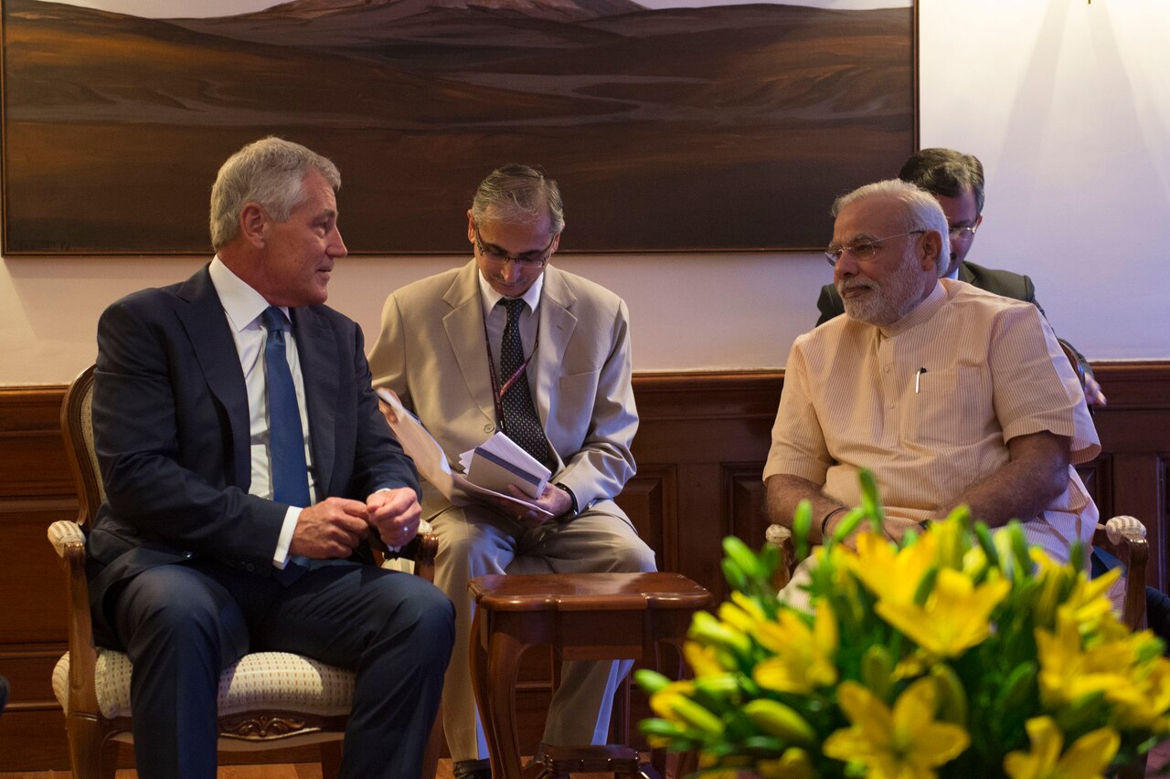 Defense Secretary Chuck Hagel meets in New Delhi with Indian Prime Minister Narendra Modi, right, Aug. 8, 2014. DoD photo by Navy Petty Officer 2nd Class Sean Hurt