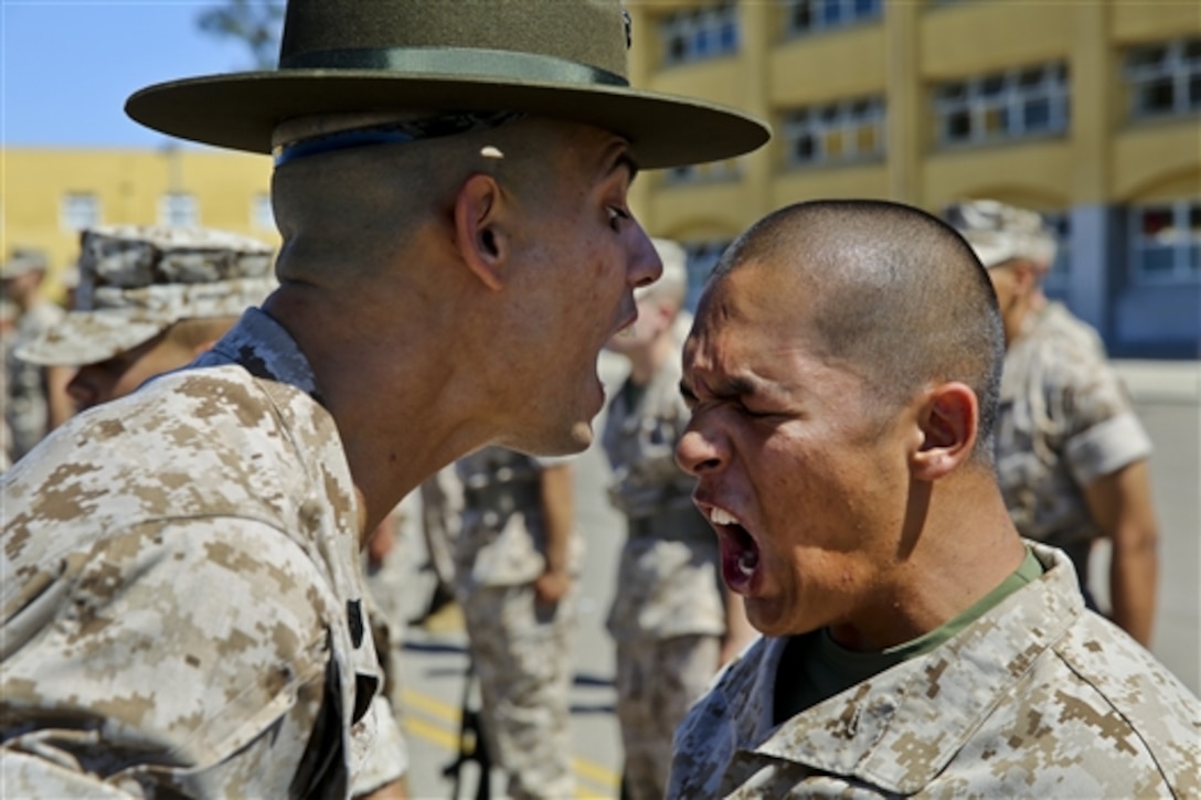 Recruit Benjamin J. Flores gets corrected by his drill instructor after he got a question wrong during an Inspection at Marine Corps Recruit Depot San Diego, Aug. 4, 2014. Before the commander steps in front of recruits, their drill instructors inspect them to ensure that they are ready. Flores is assigned to Alpha Company, 1st Recruit Training Battalion.