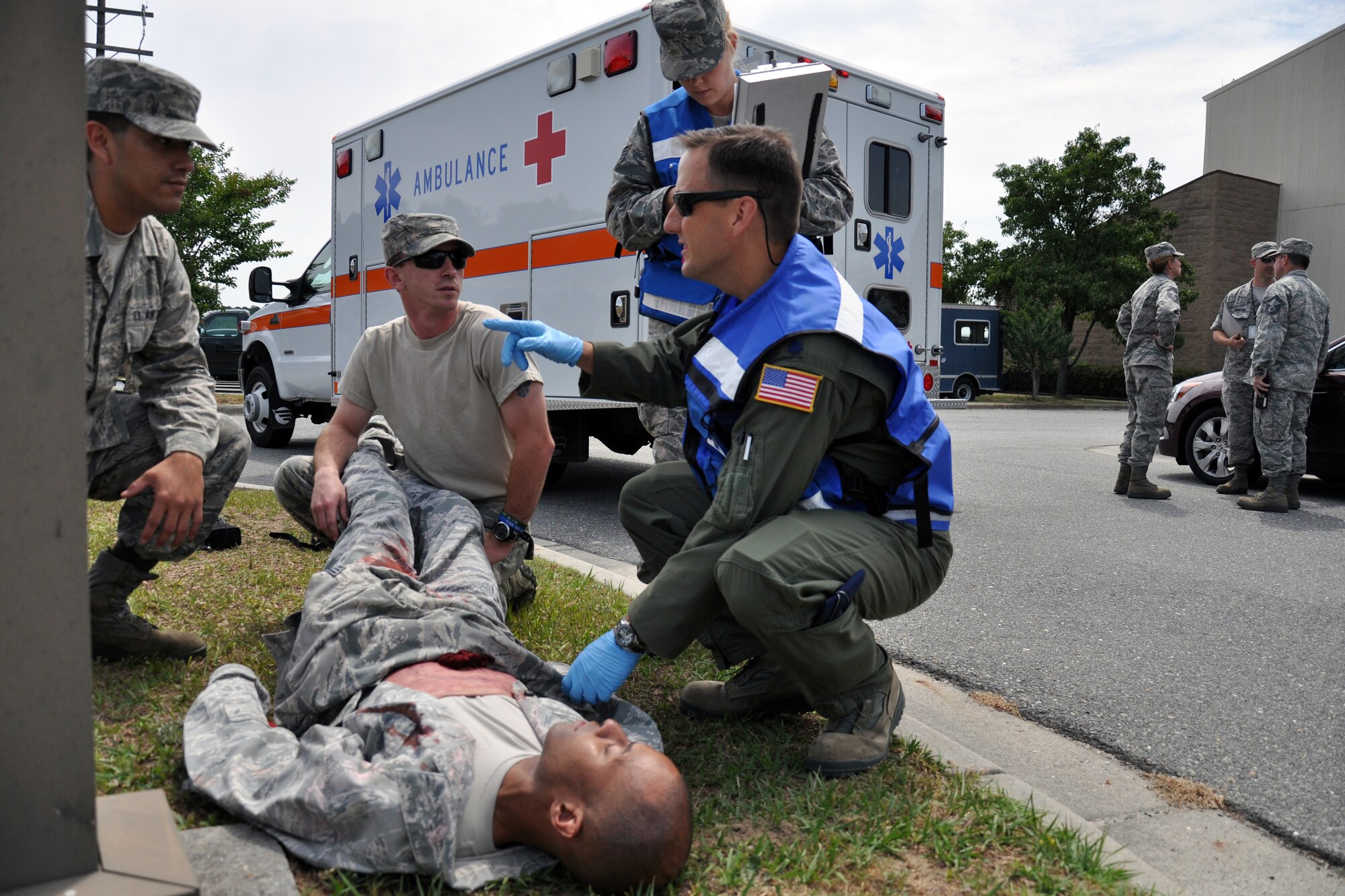 916th Air Refueling Wing Airmen care for Senior Airman Emanuel Carraway, 916th Aerospace Medicine Squadron, as he plays the role of an injured victim during Exercise Razor Sharp in June. (Staff Sgt. Alan Abernethy)
