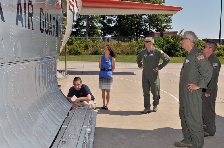 Assemblyman Angelo Santabarbara, 111th District, gets an up-close look at an LC-130 Skibird ski during a tour at Stratton Air National Guard Base, Scotia, New York, on Aug. 9, 2014. Santabarbara learned about the 109th's unique mission and also got to see the inside of an LC-130 Skibird. (U.S. Air National Guard photo by Staff Sgt. Benjamin German/Released)