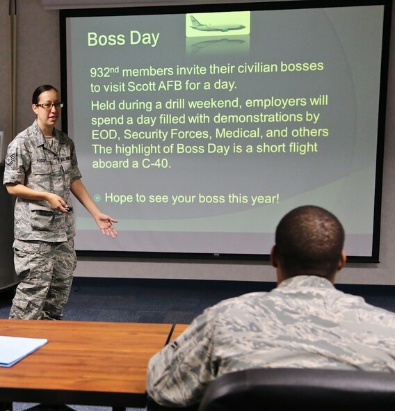 Staff Sgt. Amber Hodges, 932nd Airlift Wing, public affairs specialist, briefs new members to the 932nd AW about the public affairs office, and their mission. Boss day will be held during the 18 October Unit Training Assembly, if you would like to extend an invitation for your boss to attend. You can contact the public affairs office. (U.S. Air Force photo/Tech. Sgt. Christopher Parr)