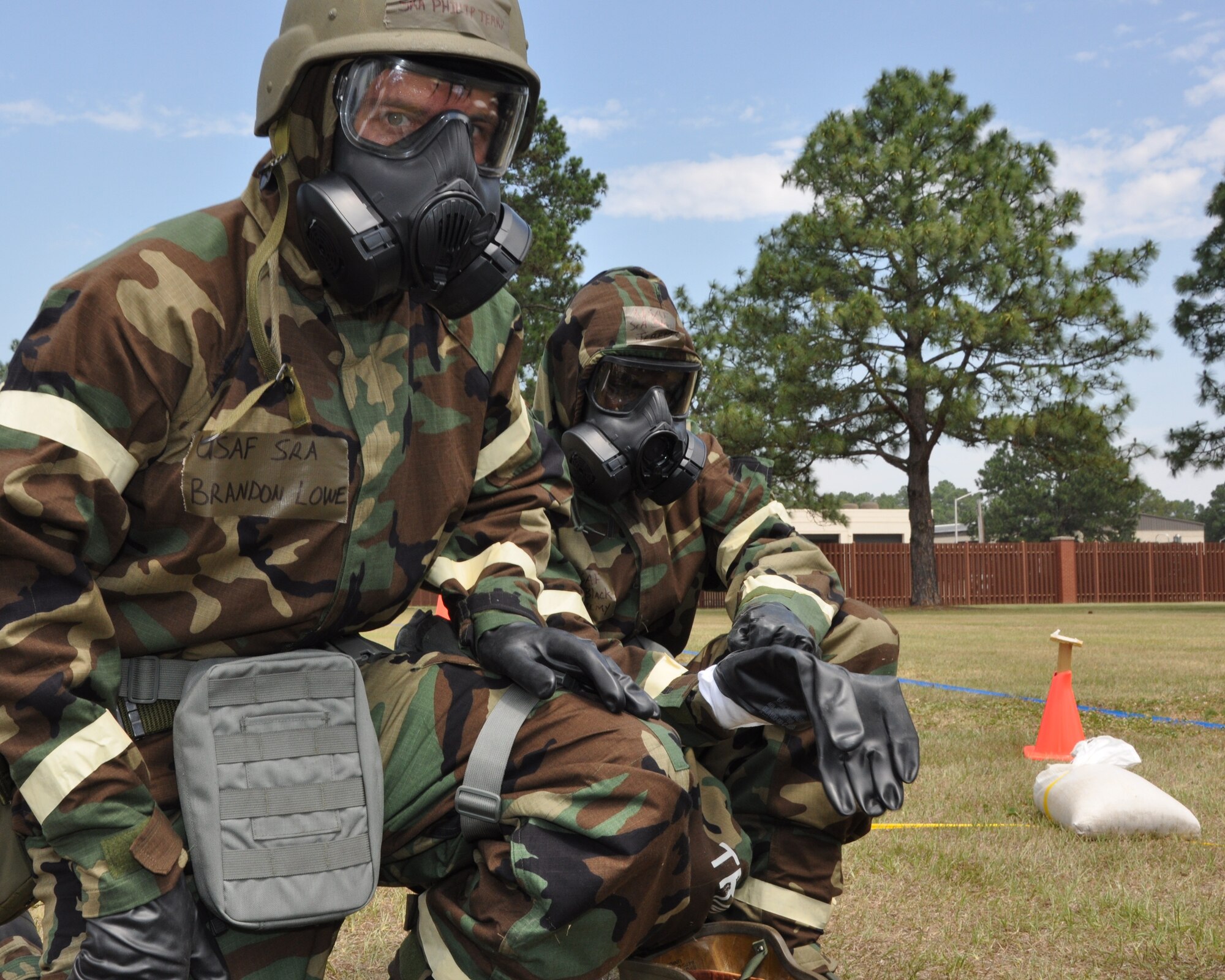 Airmen from the 916th Air Refueling Wing, Seymour Johnson Air Force Base, North Carolina, participate in a Chemical, Biological, Radiological and Nuclear defense skills assessment during Exercise Razor Sharp, June 2014. (USAF photo by MSgt. Wendy Lopedote, 916ARW/PA)