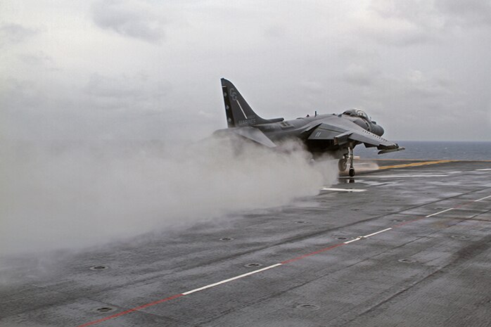 An AV-8B Harrier Jump Jet from Marine Medium Tiltrotor Squadron 365 (Reinforced), 24th Marine Expeditionary Unit, launches from the USS Iwo Jima off the coast of North Carolina, Aug. 9, 2014. The 24th MEU is taking part in Amphibious Squadron/Marine Expeditionary Unit Integration, or PMINT, the 24th MEU’s second major pre-deployment training exercise. PMINT is designed to bring Marines and Sailors from the 24th MEU and Amphibious Squadron 8 together for the first time aboard the ships of the Iwo Jima Amphibious Ready Group. (U.S. Marine Corps photo by Sgt. Devin Nichols)