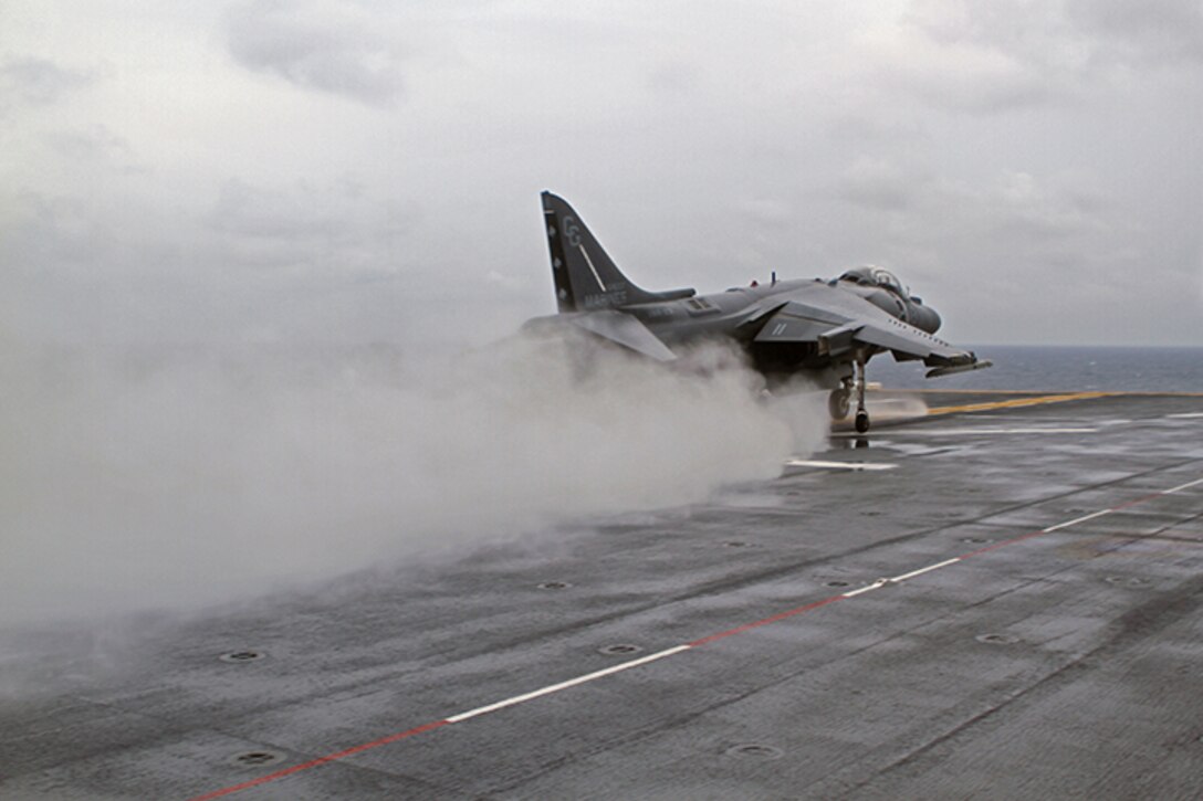 An AV-8B Harrier Jump Jet from Marine Medium Tiltrotor Squadron 365 (Reinforced), 24th Marine Expeditionary Unit, launches from the USS Iwo Jima off the coast of North Carolina, Aug. 9, 2014. The 24th MEU is taking part in Amphibious Squadron/Marine Expeditionary Unit Integration, or PMINT, the 24th MEU’s second major pre-deployment training exercise. PMINT is designed to bring Marines and sailors from the 24th MEU and Amphibious Squadron 8 together for the first time aboard the ships of the Iwo Jima Amphibious Ready Group.