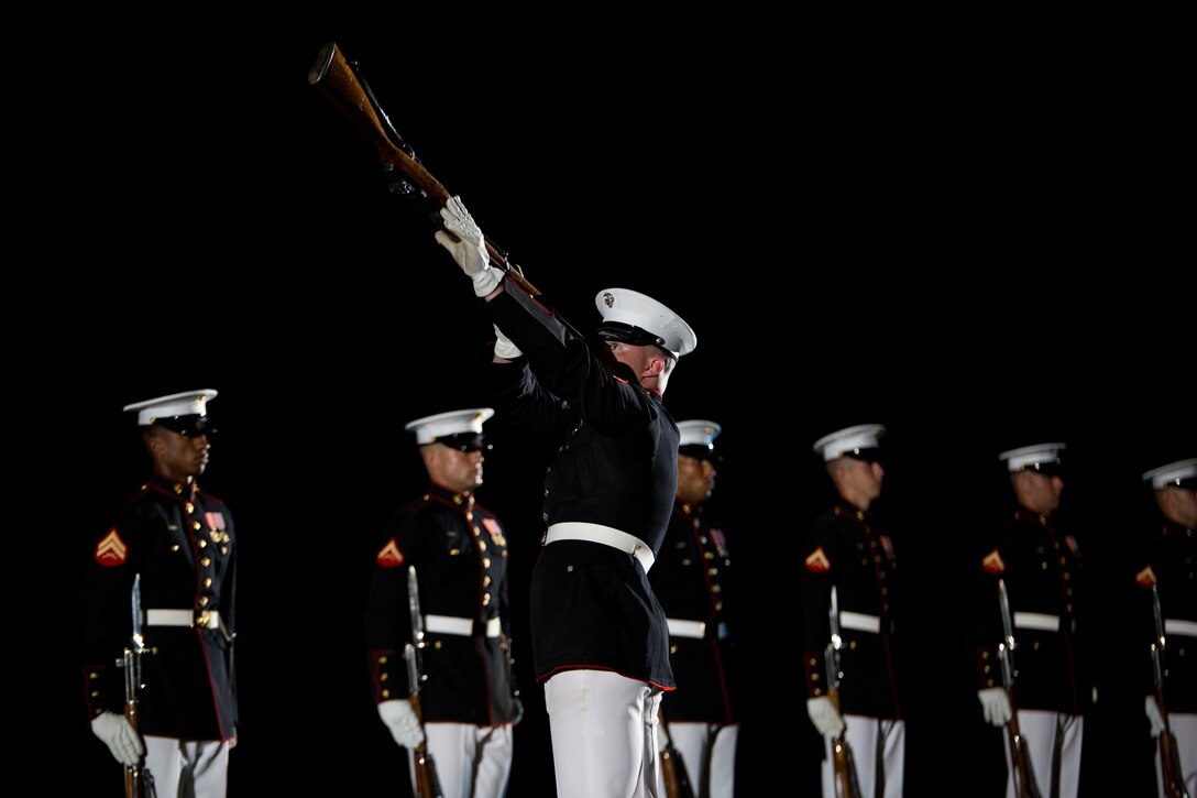 The Marine Corps Silent Drill Platoon performs during a Friday Evening Parade at Marine Barracks Washington, August 8, 2014.