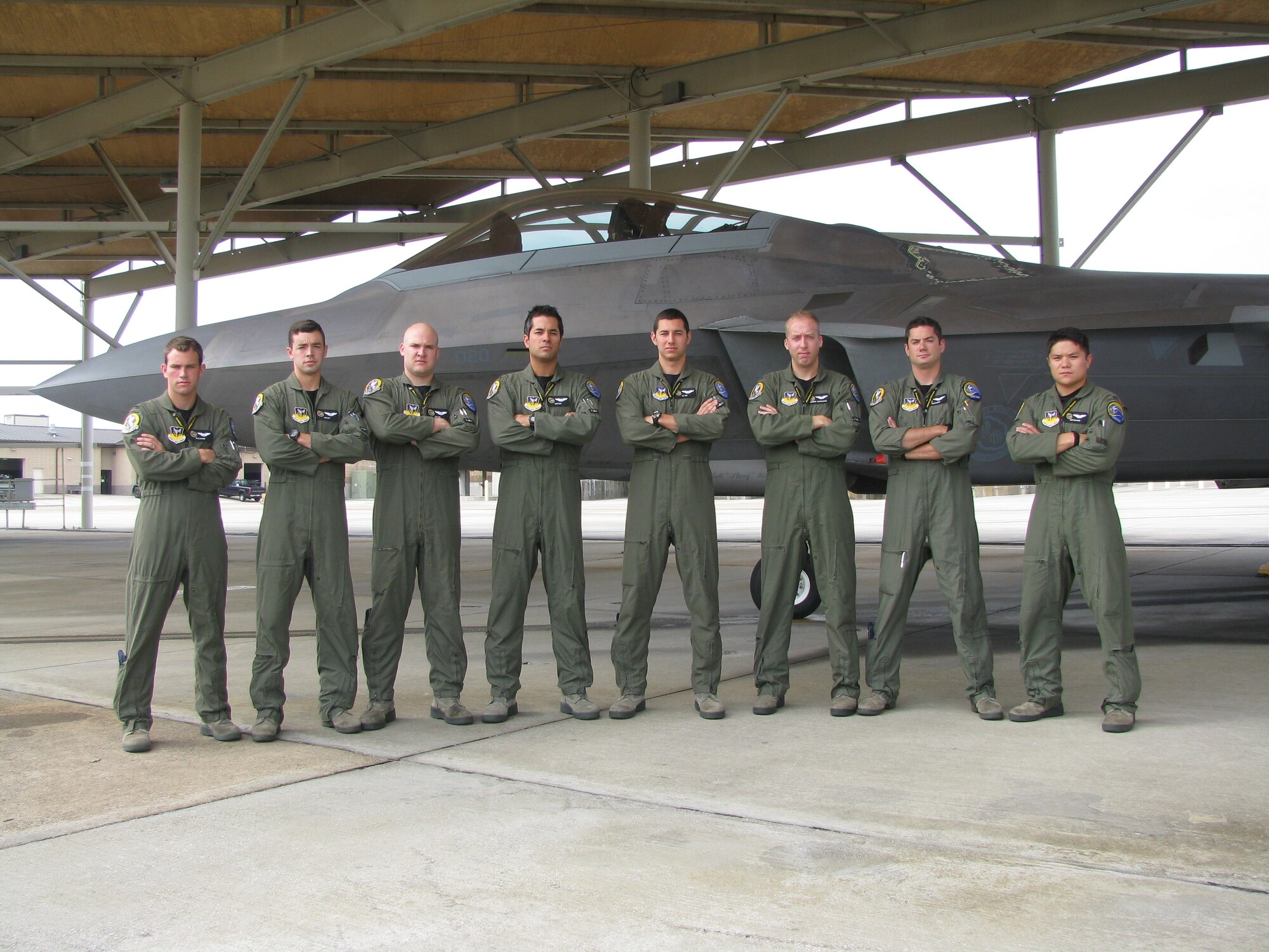 F-22 Raptor B-course Class 14-BBR poses in front of an F-22 at Tyndall. Class members from left to right: 1st Lt. Eric Wallace, 1st Lt. Michael Sayers, 1st Lt. Michael Oliver, 1st Lt. Charlie Morris, 1st Lt. Justin Lennon, 1st Lt. Timothy Sattler, 1st Lt. Jeffrey Braden and 1st Lt. Patrick Ryan. (Courtesy photo)