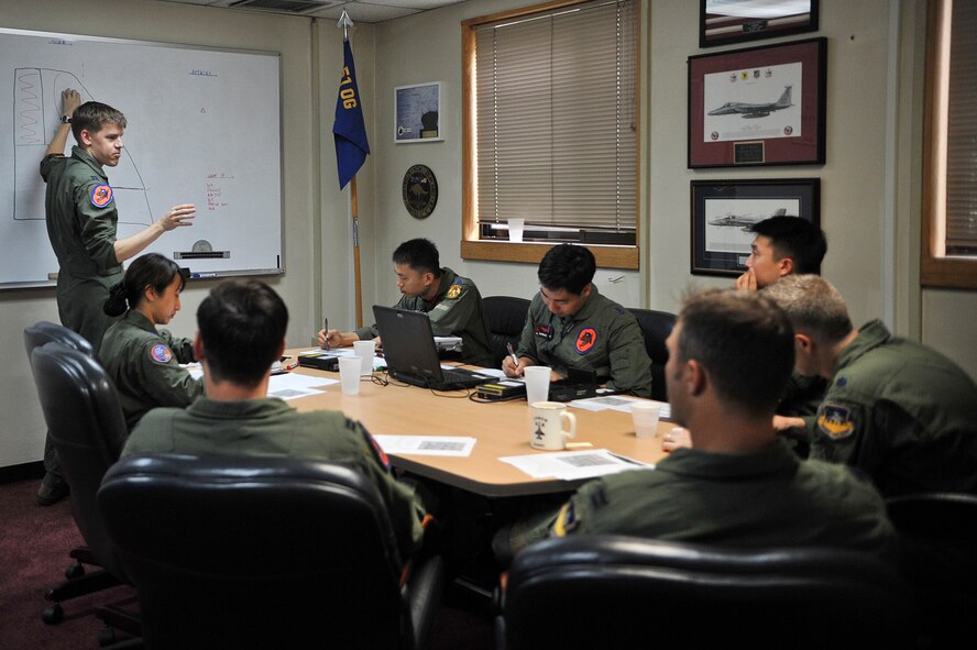 Capt. Jason Piper, 36th Fighter Squadron pilot, briefs U.S. Air Force and Republic of Korea air force pilots before a flight during the Buddy Wing 14-6 exchange program on Osan Air Base, ROK, July 31, 2014. The program places both ROKAF and U.S. Air Force pilots in the same briefings and flying rules that the host unit flies under. (U.S. Air Force photo by Senior Airman Matthew Lancaster)