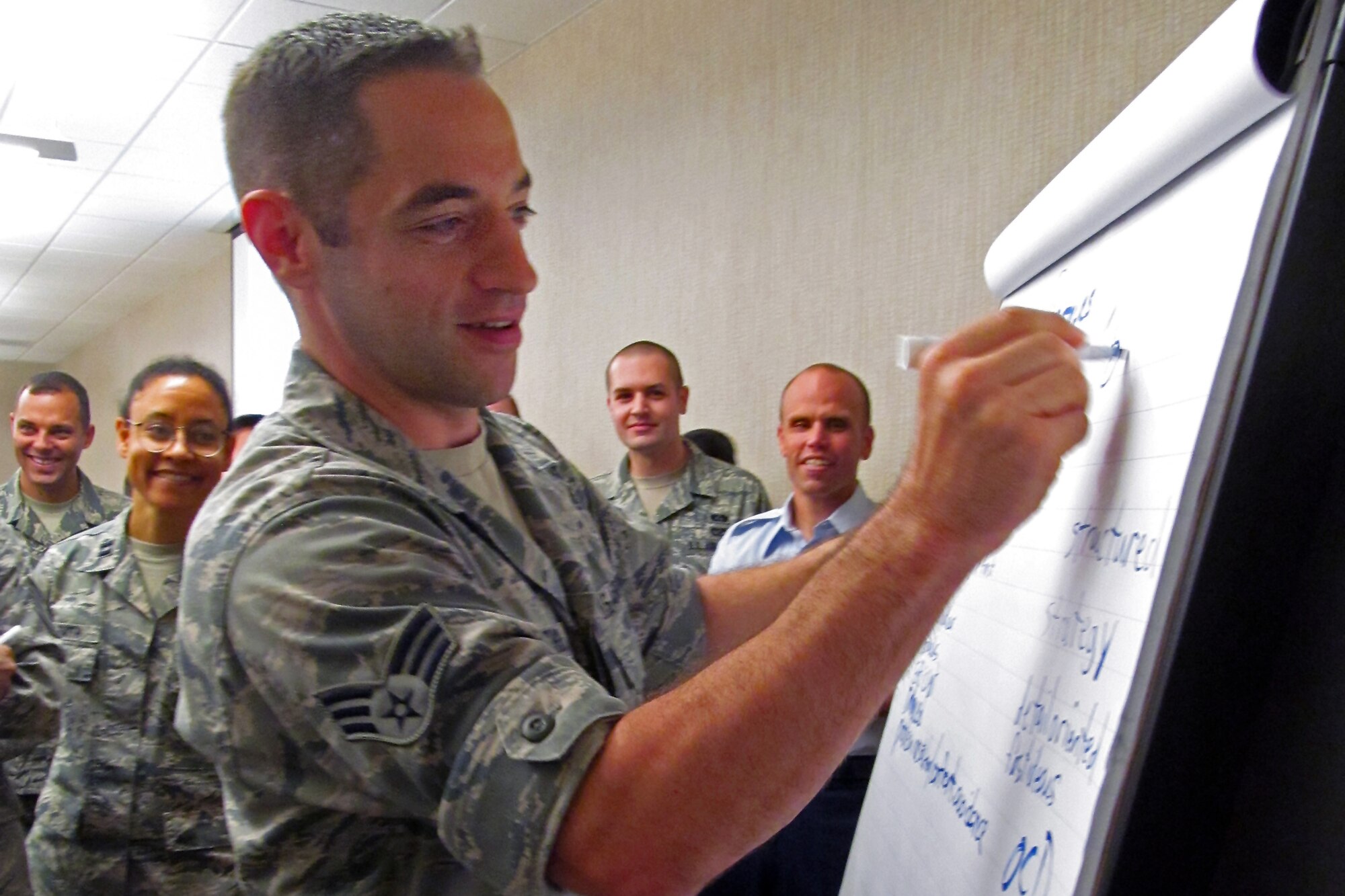 Senior Airman Adam Schorch, medical technician with the 446th Aerospace Medicine Squadron, records participants’ input as part of a “people puzzle” exercise during a Professional Development Seminar Aug. 8 at the American Lake Conference Center at Lewis North. Themed “Growth through Knowledge,” the event focused on current trends that may influence Airmen and their progression. (U.S. Air Force Reserve photo by Master Sgt. Minnette Mason)