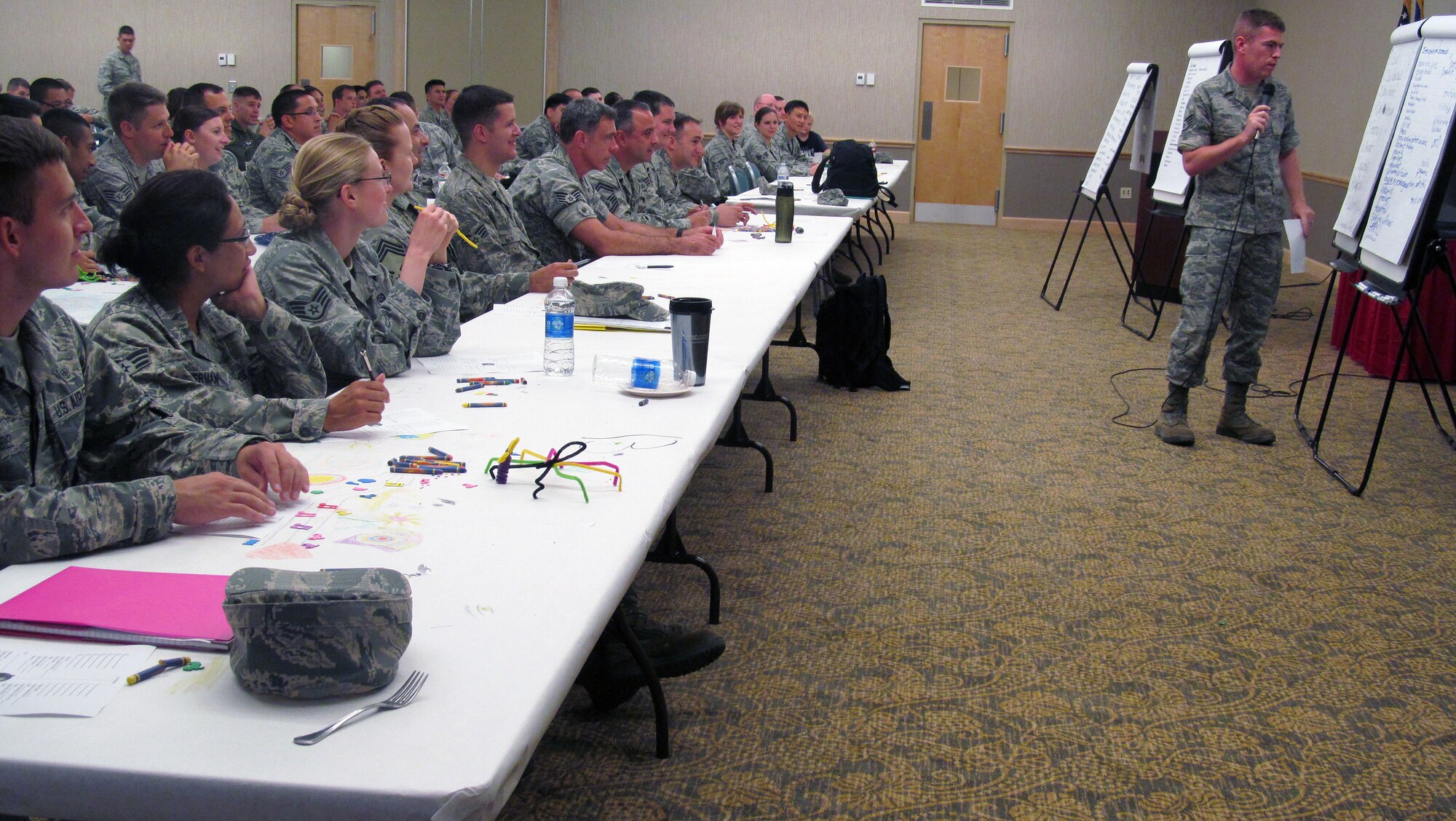 McChord Airmen take note as Staff Sgt. Daniel Faust, cargo processor with the 86th Aerial Port Squadron, interprets four general personality traits as part of a “people puzzle” exercise during a Professional Development Seminar Aug. 8 at the American Lake Conference Center at Lewis North. Faust was one of 13 presenters during the two-day event, which focused on current trends that may influence Airmen and their professional growth. (U.S. Air Force Reserve photo by Master Sgt. Minnette Mason)