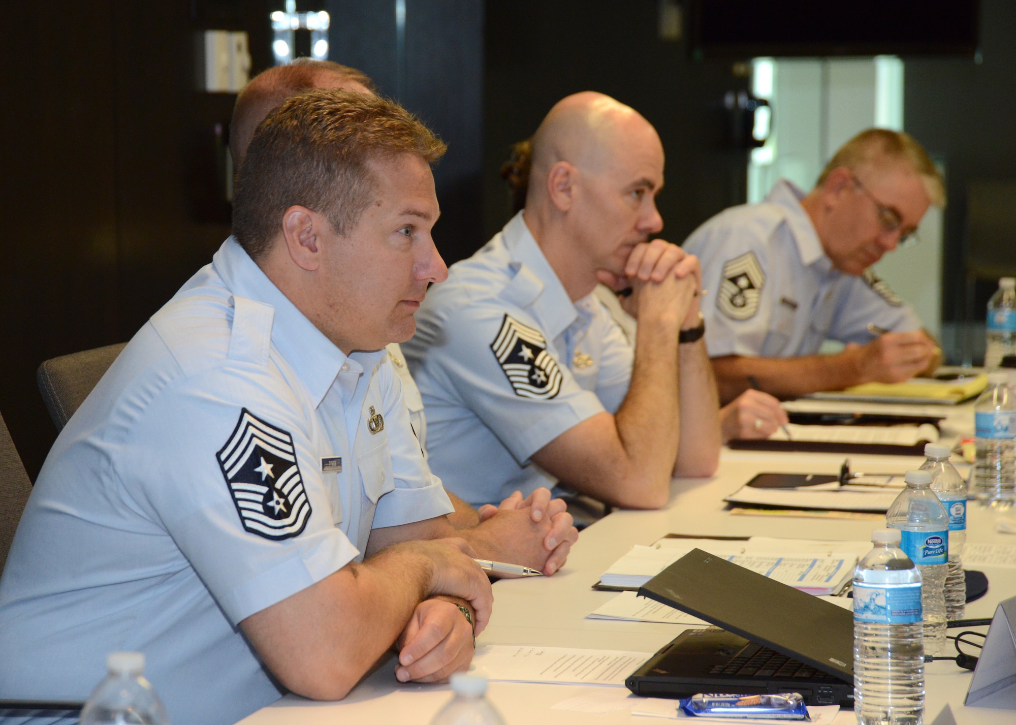 Chief Master Sgt. Timothy Tyvan, chairman of the Enlisted Field Advisory Council and command chief of the state of Washington Air National Guard, speaks with the Air National Guard's 2014 Outstanding Airmen of the Year at the Air National Guard Readiness Center on Joint Base Andrews, Md., Aug. 5, 2014, as part of Focus on the Force week. The council invited the OAY Airmen to discuss issues and challenges faced by enlisted Guardsmen across the ANG. (U.S. Air National Guard photo by Senior Airman John E. Hillier/Released)