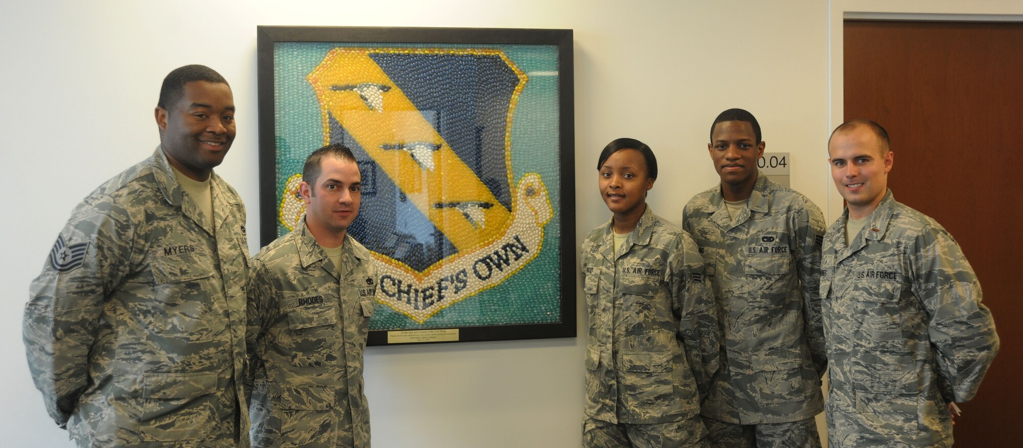 Members of the 11th Logistics Readiness Squadron were recognized as Joint Base Andrews’ “Warrior of the Week”, August 6, 2014, for their flawless planning and execution of timely transportation for the senior leaders during the Senior Leadership Orientation Course.  From left to right, Tech. Sgts. Louis Myers and Dave Rhodes, Senior Airmen Lisa Hood and Isaiah King, and 2nd. Lt. Sam Barnes. Also recognized, but not pictured are: Senior Airmen Logan Emberton and Thomas Jarvis, Staff Sgts. Aaron Thomas and Joseph Sedilko, and Tech. Sgt. Paula Newman. (U.S. Air Force photo/Airman 1st Class Ryan J. Sonnier)