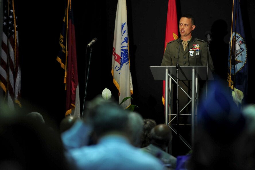 U.S. Marine Corps Lt. Col. Leland Suttee, Wounded Warrior Battalion – East commander, speaks to audience members during a Purple Heart Banquet, Aug. 7, 2014, at the First Pentecostal Holiness Church in Goldsboro, North Carolina. Suttee was the guest speaker for the event. (U.S. Air Force photo/Airman 1st Class Brittain Crolley)