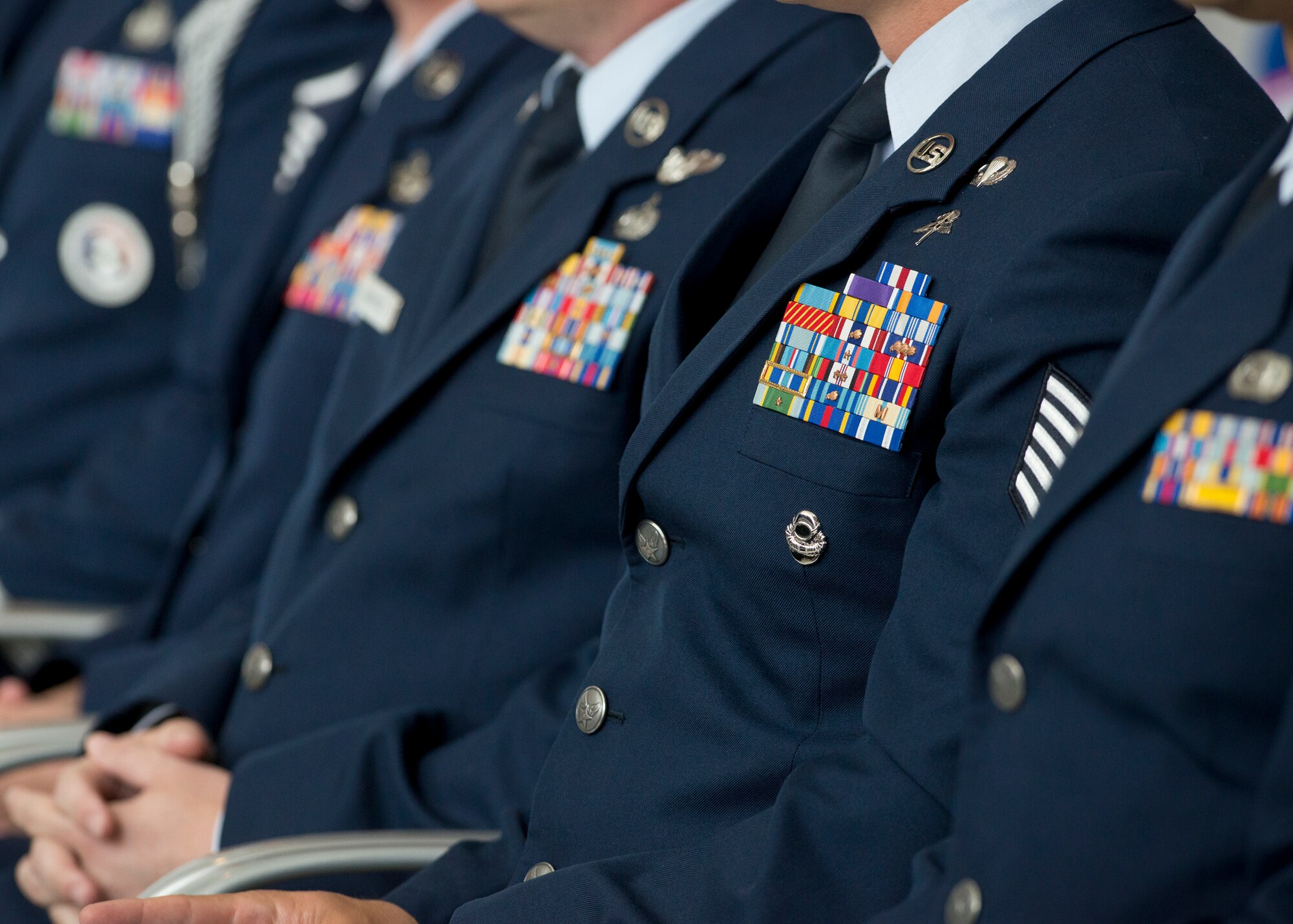 The ANG Outstanding Airmen of the Year are recognized during an All Call event at Joint Base Andrews, Maryland August 7, 2014. The OAY winners are (left to right) Senior Airman. Christian Goldsmith, Airman of the Year, Technical Sgt. Doug Matthews, Non-Commissioned Officer of the Year, Master Sgt. Joseph G. Ashwood, Senior Non-Commissioned Officer of the Year, Master Sgt. Linda Schwartzlow, First Sergeant of the Year, Master Sgt. David Coker, Honor Guard Program Manager of the Year, and Technical Sgt. Amy Ough, Honor Guard Member of the Year. (Air National Guard photo by Master. Sgt. Marvin R. Preston/Released)