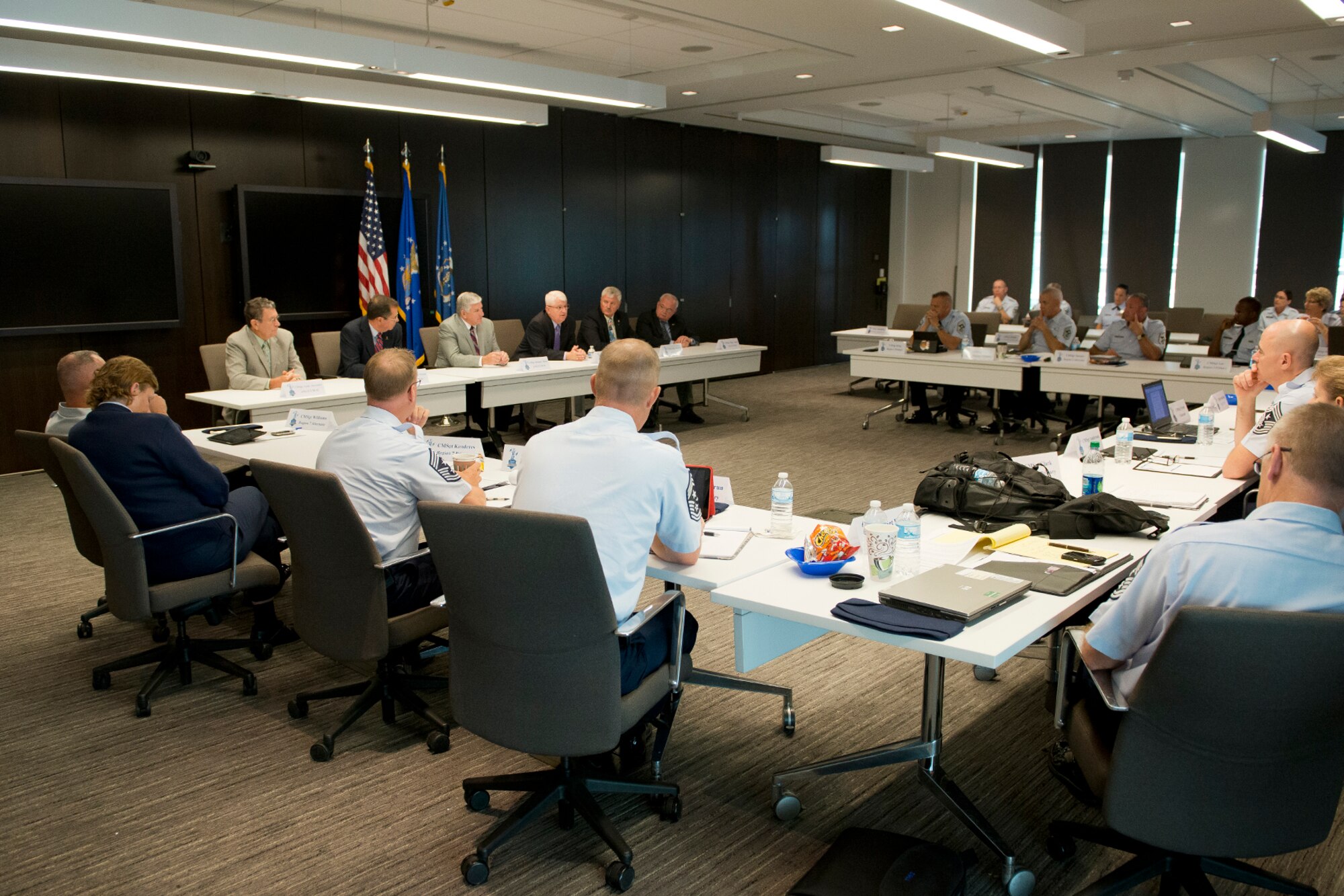 Former Senior Enlisted Advisors and Command Chief Master Sergeants of the Air National Guard address attendees of the Enlisted Field Advisory Council Aug. 8, 2014 at Joint Base Andrews, Maryland. The EFAC proposes solutions, changes and other policy actions that effect the enlisted members of the ANG. (Air National Guard photo by Master Sgt. Marvin R. Preston/Released)