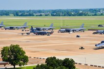B-52H Stratofortresses sit on the flightline on Barksdale Air Force Base, La., Aug. 8, 2014. Air traffic controllers monitor the distance between airborne aircraft and aircraft on the ground as well as moving vehicles to ensure the safety of all Airmen who carry out the mission on the flightline. (U.S. Air Force photo/Airman 1st Class Benjamin Raughton)