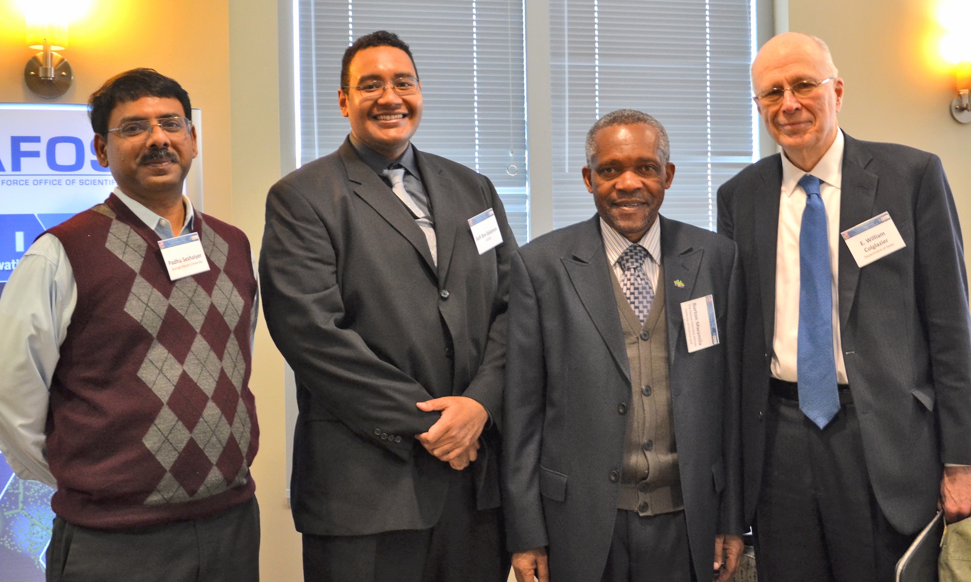 At the U.S. Joint Services and Office of the Secretary of Defense, African Technical Exchange, hosted by the Air Force Office of Scientific Research (AFOSR), the working group outlined numerous action items to engage the research communities within the U.S. Department of Defense and academia in Africa (Left to Right) Prof. Padmanabhan Seshaiyer, George Mason University, Dr. Sofi Bin-Salamon, Program Officer, International Office, AFOSR and Working Group Co-Chair, Prof. Burton Mwamila, Vice Chancellor, Nelson Mandela African Institute of S&T, Tanzania, and Dr. E. William Colglazier, S&T Advisor to the Secretary of State. (U.S. Air Force photo/ Alea Stewart)