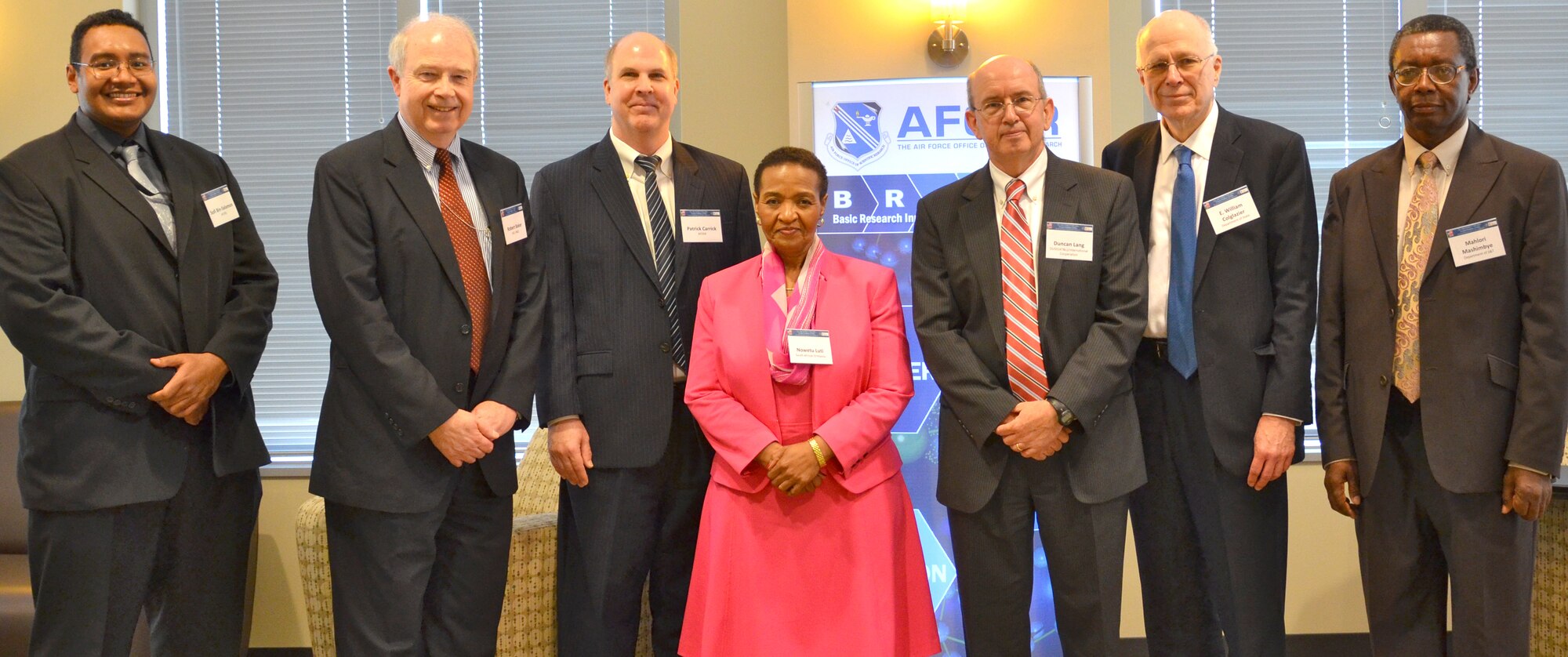 U.S. - South Africa Advanced Materials Working Group recently met in Arlington, Virginia, during the U.S. Joint Services and Office of the Secretary of Defense, African Technical Exchange, hosted by the Air Force Office of Scientific Research (AFOSR), held in May (Left to Right) Dr. Sofi Bin-Salamon, Program Officer, International Office, AFOSR and Working Group Co-Chair, Mr. Robert Baker, Deputy, Plans and Program, Assistant Secretary of Defense for Research & Engineering, Dr. Pat Carrick, Director, Basic Science Program Office, AFOSR, Ms. Nowetu E. Luti, Deputy Chief of Mission, The Embassy of the Republic of South Africa, Mr. Duncan Lang, International Cooperation Officer, Office of the Under Secretary of Defense for Acquisition, Technology & Logistics, Dr. E. William Colglazier, S&T Advisor to the Secretary of State, and Dr. Mahlori Mashimbye, Director of Chemical Sciences, Republic of South Africa Department of Science & Technology, and Working Group Co-Chair. (U.S. Air Force photo/ Alea Stewart)