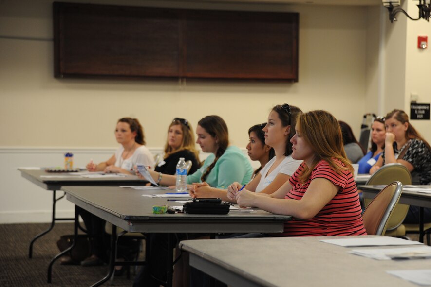 Spouses from the 20th Aircraft Maintenance Squadron gather for a 20th AMXS spouses all-call at Shaw Air Force Base, S.C., Aug. 5, 2014. Maj. Michael Fields, 20th AMXS commander, spoke to the spouses about the services he can provide, and the importance of the Key Spouses program. (U.S. Air Force photo by Airman 1st Class Michael Cossaboom/Released)
