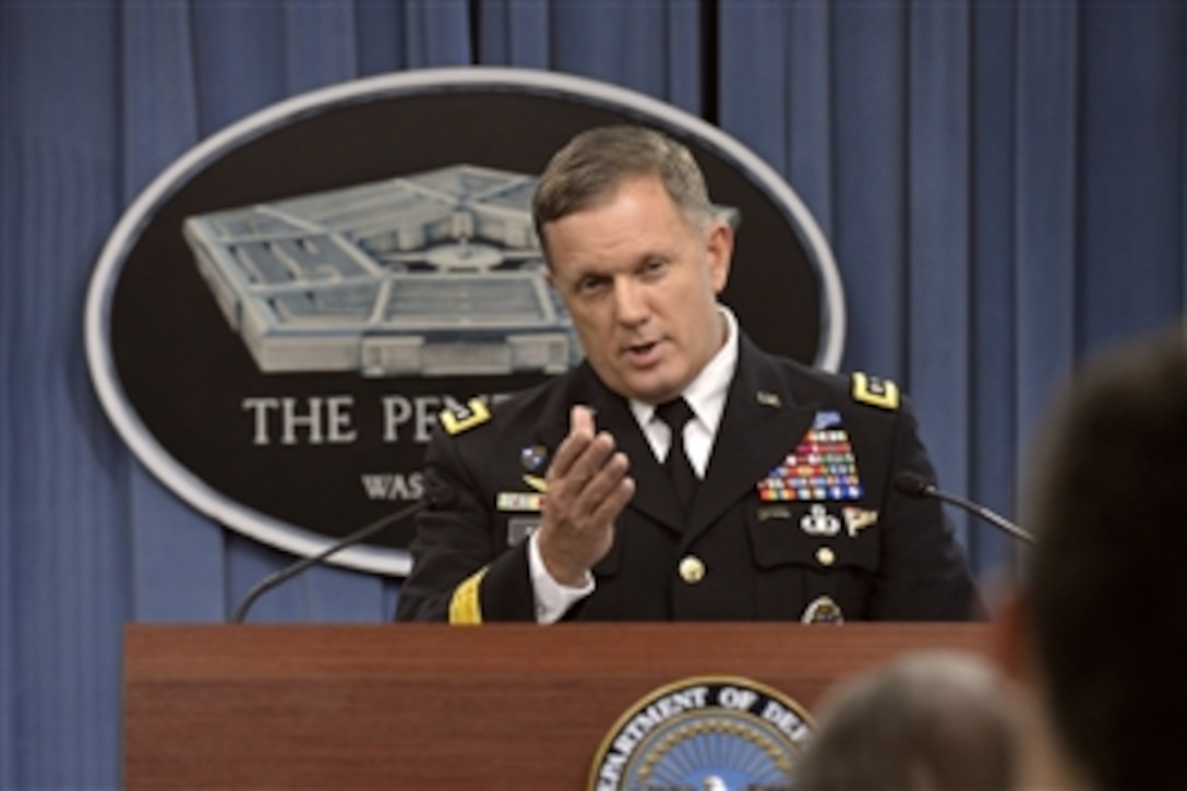 Army Lt. Gen. William C. Mayville Jr., director of J-3 operations, briefs the press at the Pentagon, Aug. 11, 2014. The J-3 director assists the chairman of the Joint Chiefs of Staff as the principal military advisor to the president and defense secretary.