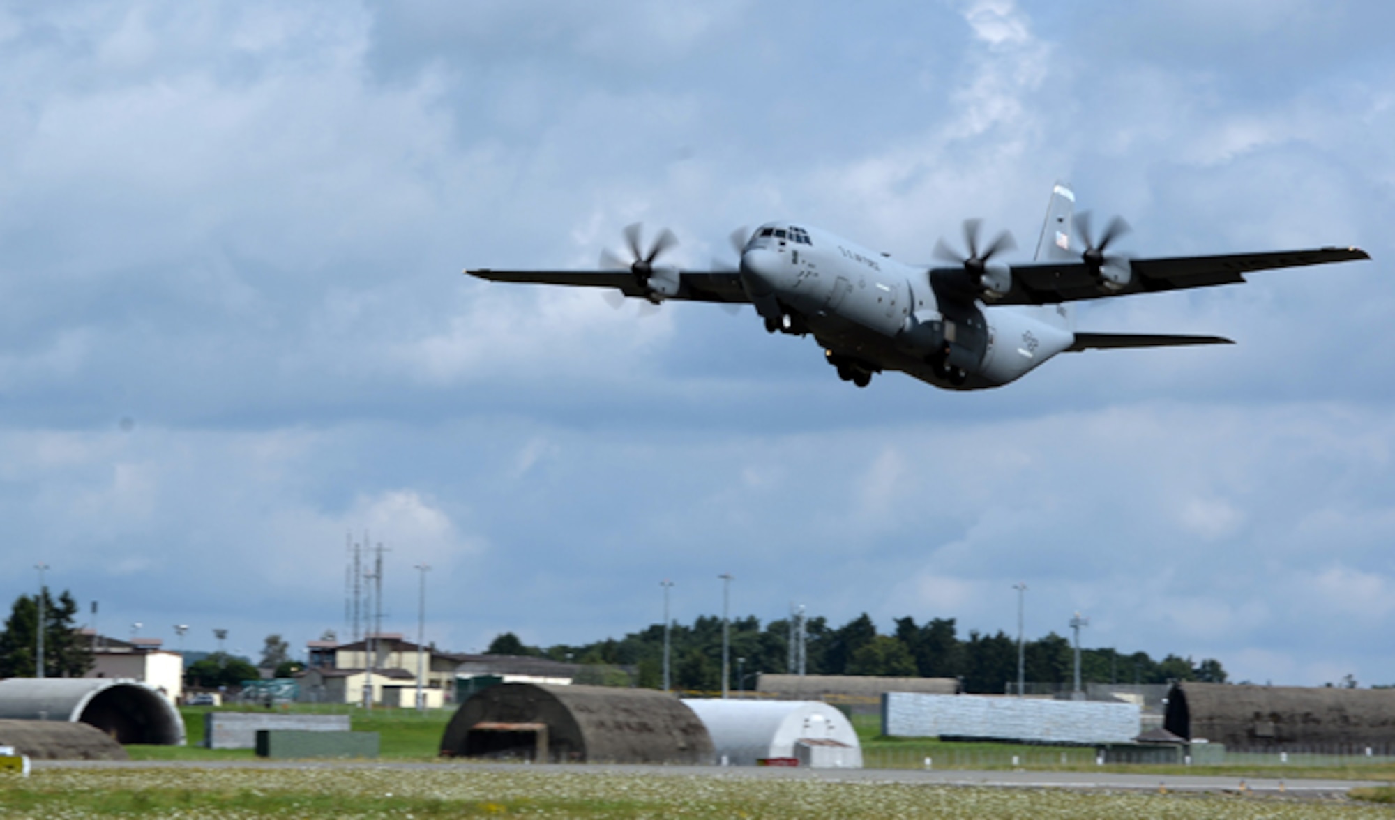 A C-130 Hercules takes off Aug. 9, 2014, from Spangdahlem Air Base, Germany, and is headed toward Souda Bay, Greece. Airmen from Spangdahlem AB will be supporting a bilateral training event with the Hellenic air force Aug. 11-23. (U.S. Air Force photo/Staff Sgt. Daryl Knee)