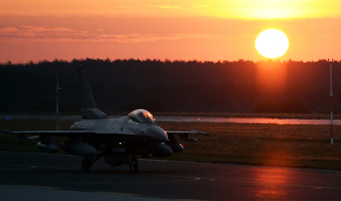 An F-16 Fighting Falcon taxis on the flightline Aug. 8, 2014, at Spangdahlem Air Base, Germany. The jet was departing for Souda Bay, Greece, and will be supporting a bilateral training event with the Hellenic air force Aug. 11-23. Nearly 20 aircraft left Spangdahlem AB in support of the training, which aims to enhance the capabilities of both air forces. The F-16 is assigned to the 480th Fighter Squadron. (U.S. Air Force photo/Staff Sgt. Daryl Knee)