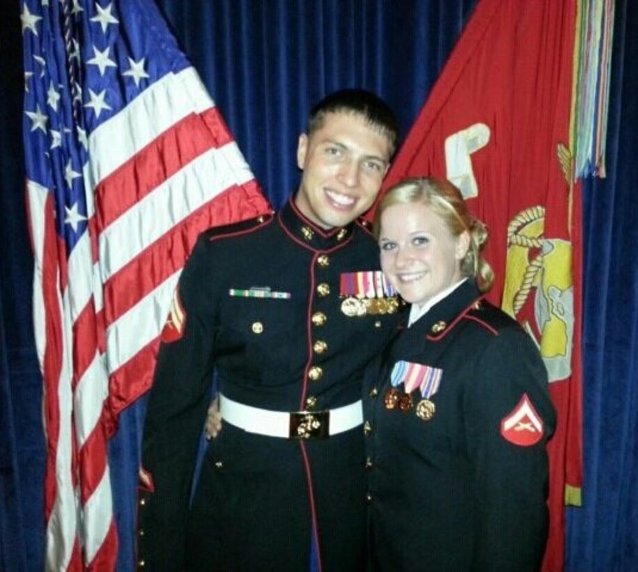 Lance Cpl. Andrea M. Robb, currently the Theater Provided Equipment clerk with Marine Expeditionary Brigade - Afghanistan, poses for a picture with her husband, Cpl. Seth Robb, an infantryman with 1st Battalion, 3rd Marine Regiment. The two first met in middle school, grew up together as best friends, and married during 2010.