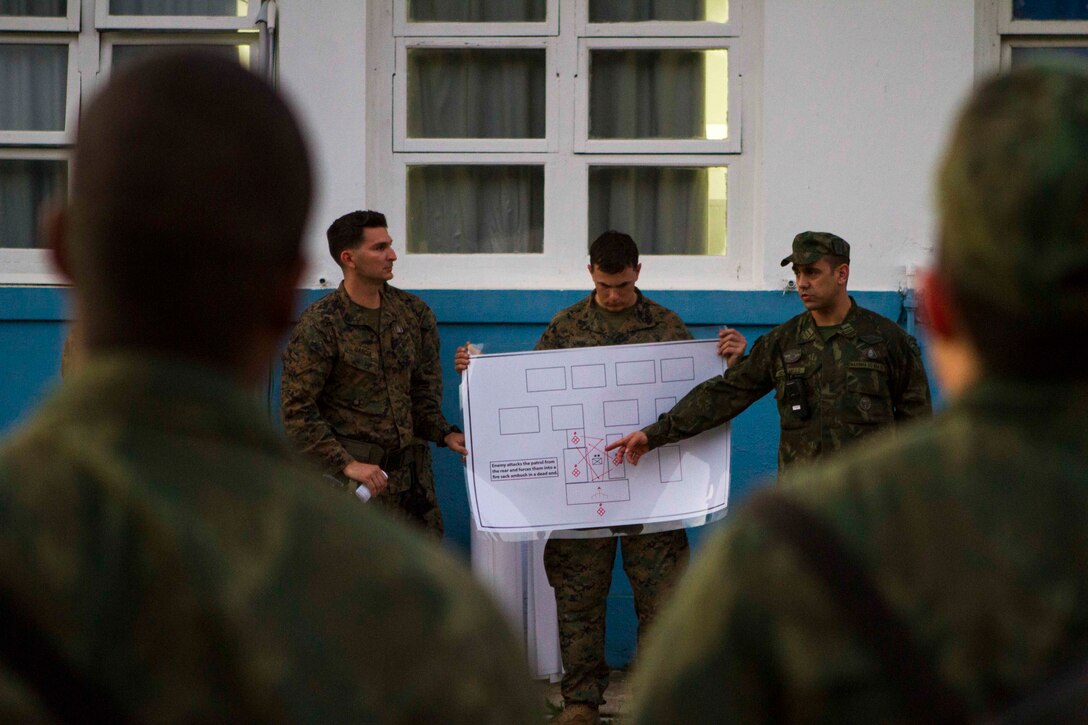 A Brazilian Marine translates as U.S. Marines with Special Purpose Marine Air Ground Task Force South share experiences of warfighting tactics with Brazilian Naval forces at Marambaia Island, Brazil, Aug. 4, 2014, as part of a theater security cooperation event. The TSC event was made up of multiple bi-lateral exchanges to include medical treatment, improvised explosive device detection, combat tracking and combat marksmanship. Through close cooperation, the U.S. and its partners are ready to address transnational security challenges through integrated and coordinated approaches. SPMAGTF-South is currently embarked aboard the future amphibious assault ship USS America (LHA 6) in support of her maiden transit, "America Visits the Americas." (U.S. Marine Corps Photo by Cpl. Donald Holbert/ Released)