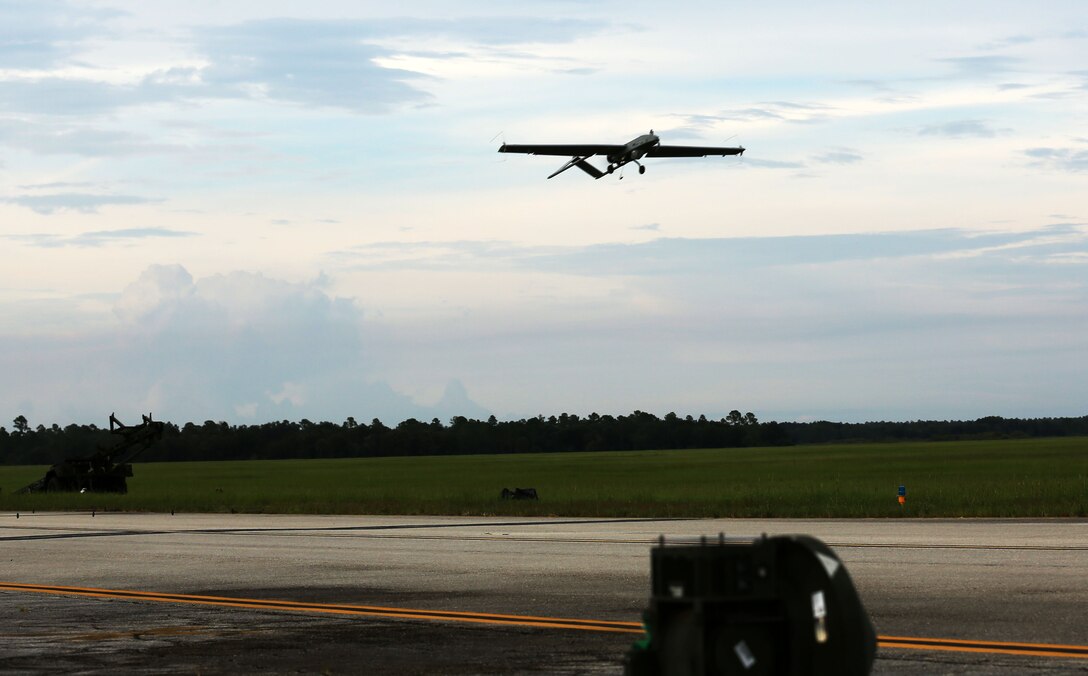 A RQ-7 Shadow unmanned aerial vehicle launches for a training mission at Avon Park Air Force Range, Fla., Aug. 4, 2014. Marine Unmanned Aerial Vehicle Squadron 2 conducted a 10-day field exercise to increase the readiness of the squadron in a simulated deployed environment.