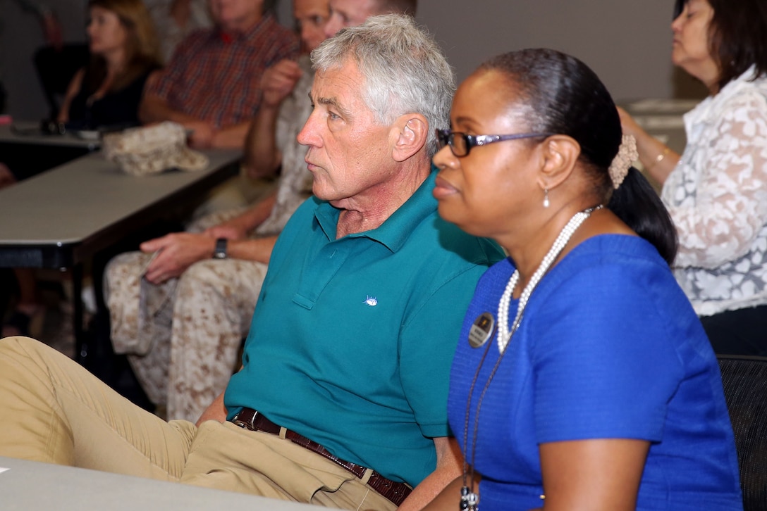 The Secretary of Defense, Chuck Hagel, visits Pendleton as one of the stops during a routine military installations tour Aug. 12.  

Transition is a high priority for the Department of Defense, so while here, Hagel briefly monitored two of the Transition Readiness Program classes before speaking to the attendees.

“Don’t ever underestimate the value of your experience … leadership, common sense and staying cool when there’s a crisis,” said Hagel to the pre-retirement class.  “These are values added that (non-military) people do not have.” 

He thanked the Marines for their service and wished them good luck in their future endeavors before heading to the air station where he conducted a town hall meeting with service members.
